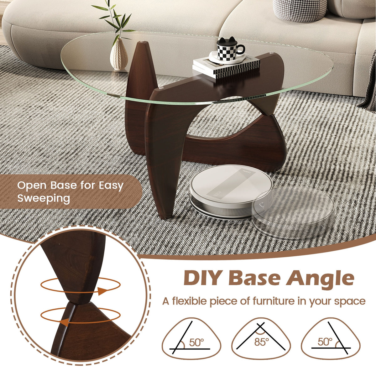 Triangle Coffee Table, Tempered Glass Top, Adjustable Rubber Wood Base, Walnut Coffee Tables at Gallery Canada