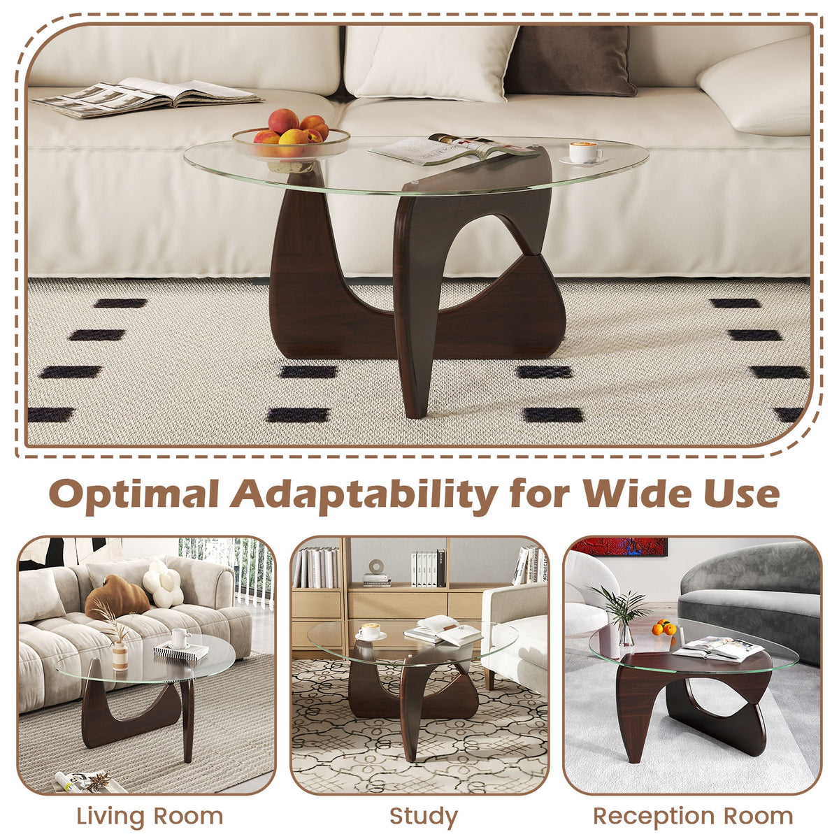 Triangle Coffee Table, Tempered Glass Top, Adjustable Rubber Wood Base, Walnut Coffee Tables at Gallery Canada