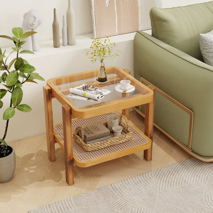 Rattan 2-Tier End Table, Tempered Glass Top, Acacia Wood Legs, Natural End & Side Tables at Gallery Canada