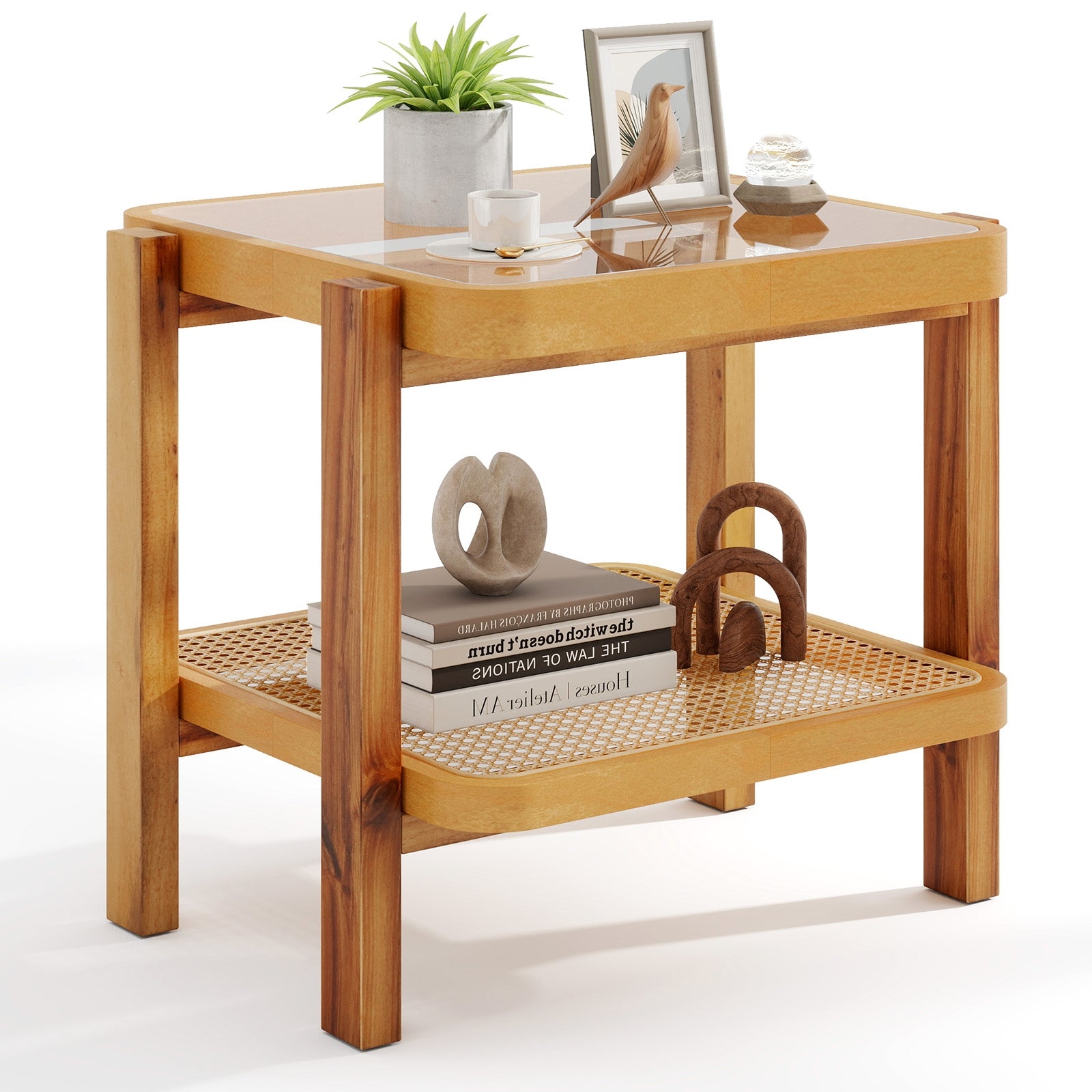 Rattan 2-Tier End Table, Tempered Glass Top, Acacia Wood Legs, Natural End & Side Tables at Gallery Canada