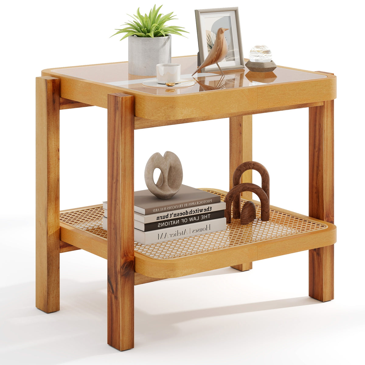 Rattan 2-Tier End Table, Tempered Glass Top, Acacia Wood Legs, Natural End & Side Tables at Gallery Canada