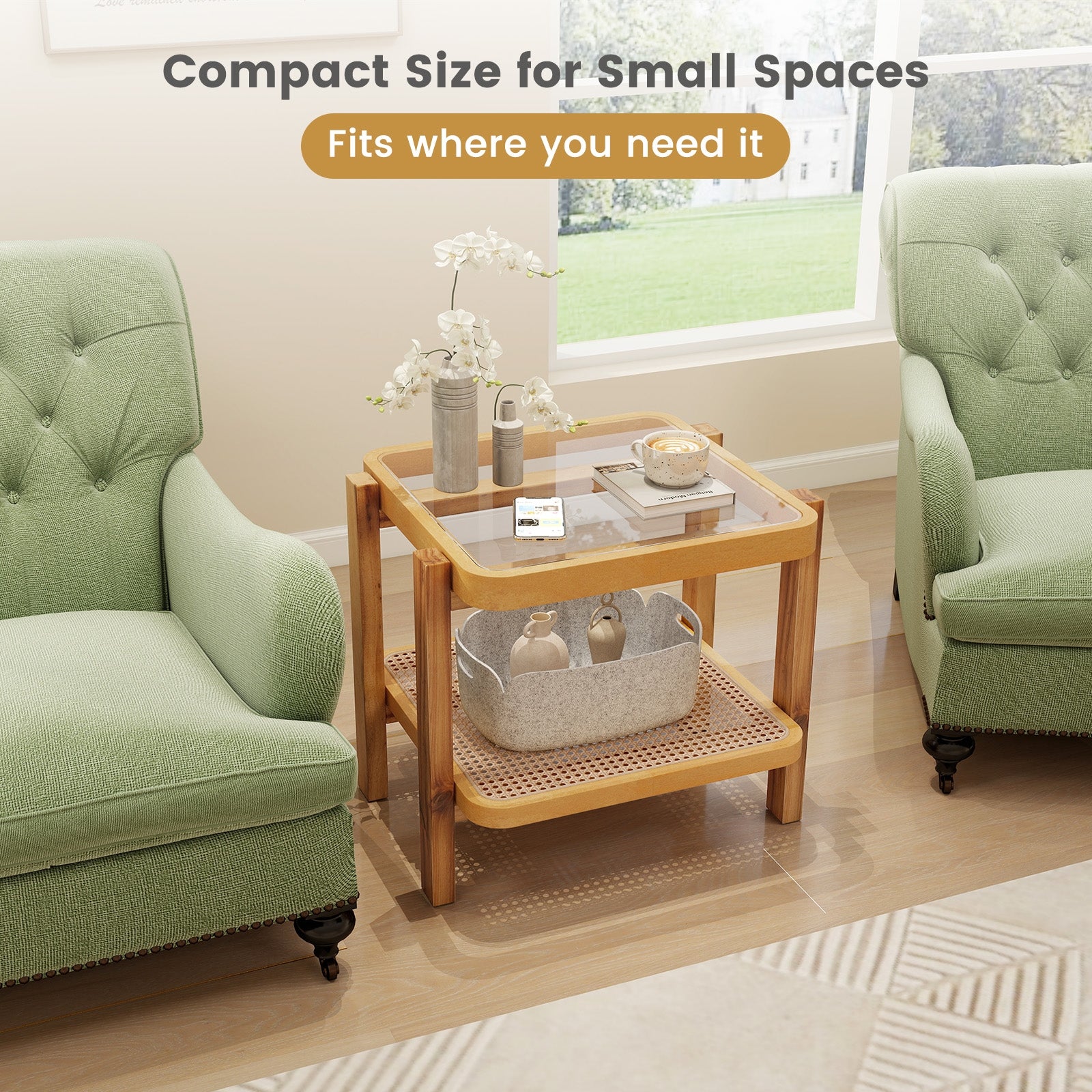 Rattan 2-Tier End Table, Tempered Glass Top, Acacia Wood Legs, Natural End & Side Tables at Gallery Canada
