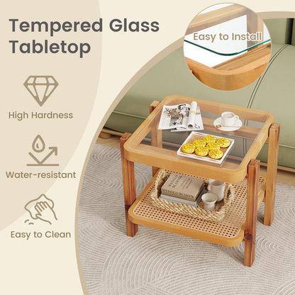 Rattan 2-Tier End Table, Tempered Glass Top, Acacia Wood Legs, Natural End & Side Tables at Gallery Canada