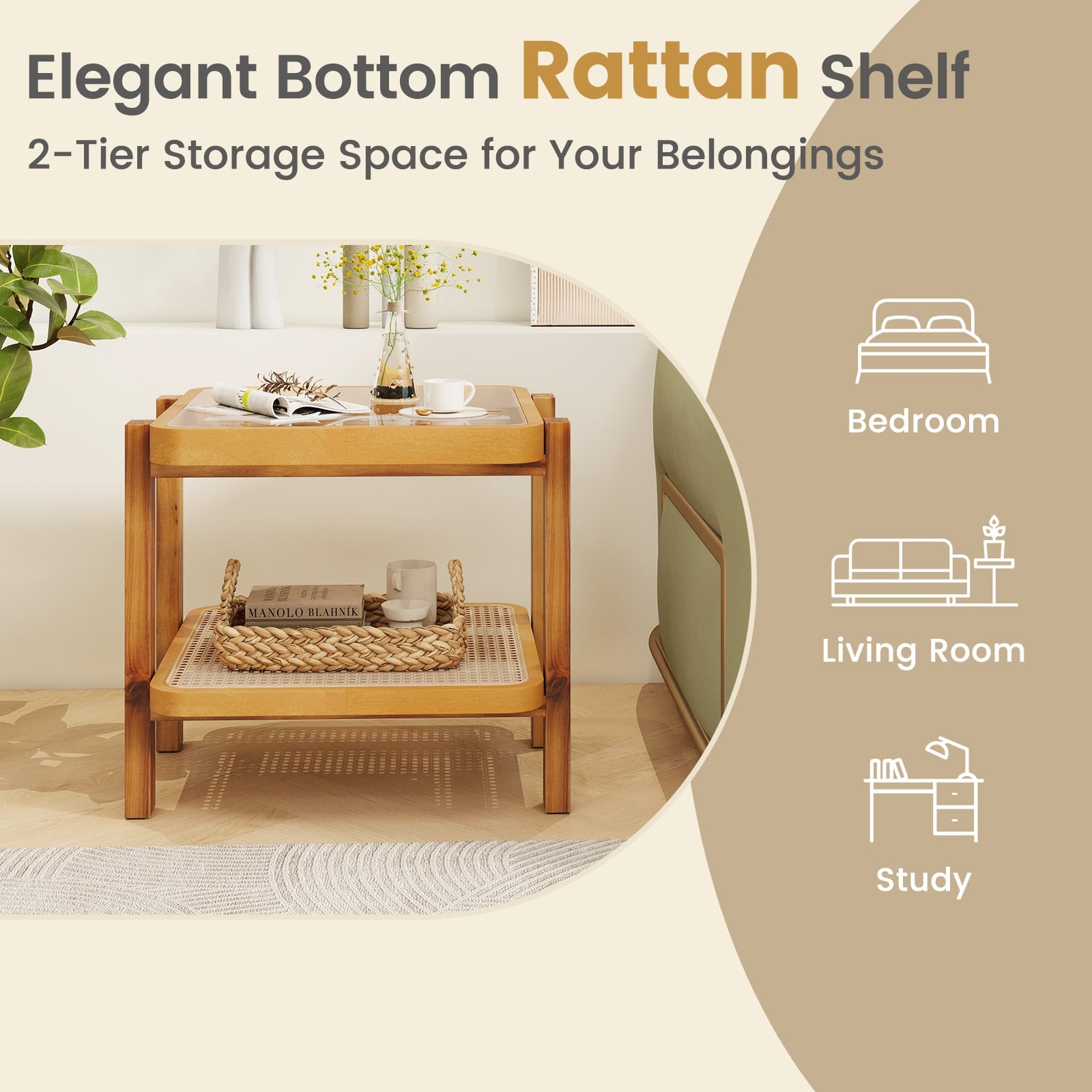 Rattan 2-Tier End Table, Tempered Glass Top, Acacia Wood Legs, Natural End & Side Tables at Gallery Canada