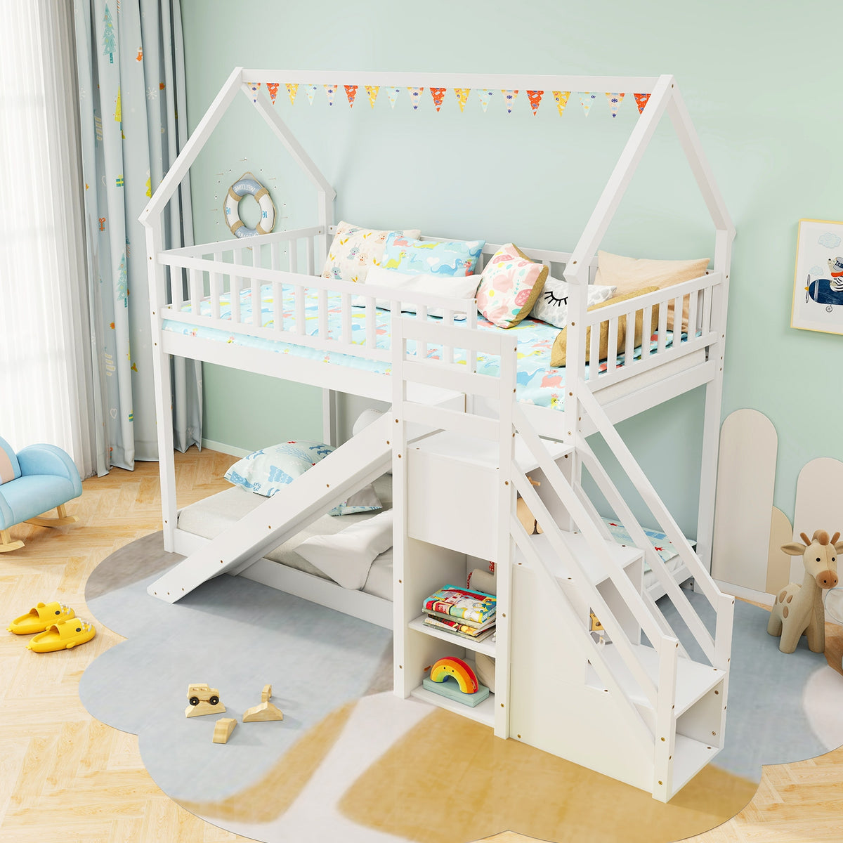 Twin Over Twin Bunk Bed With Slide And Staircase, White Bunk Bed Frame at Gallery Canada