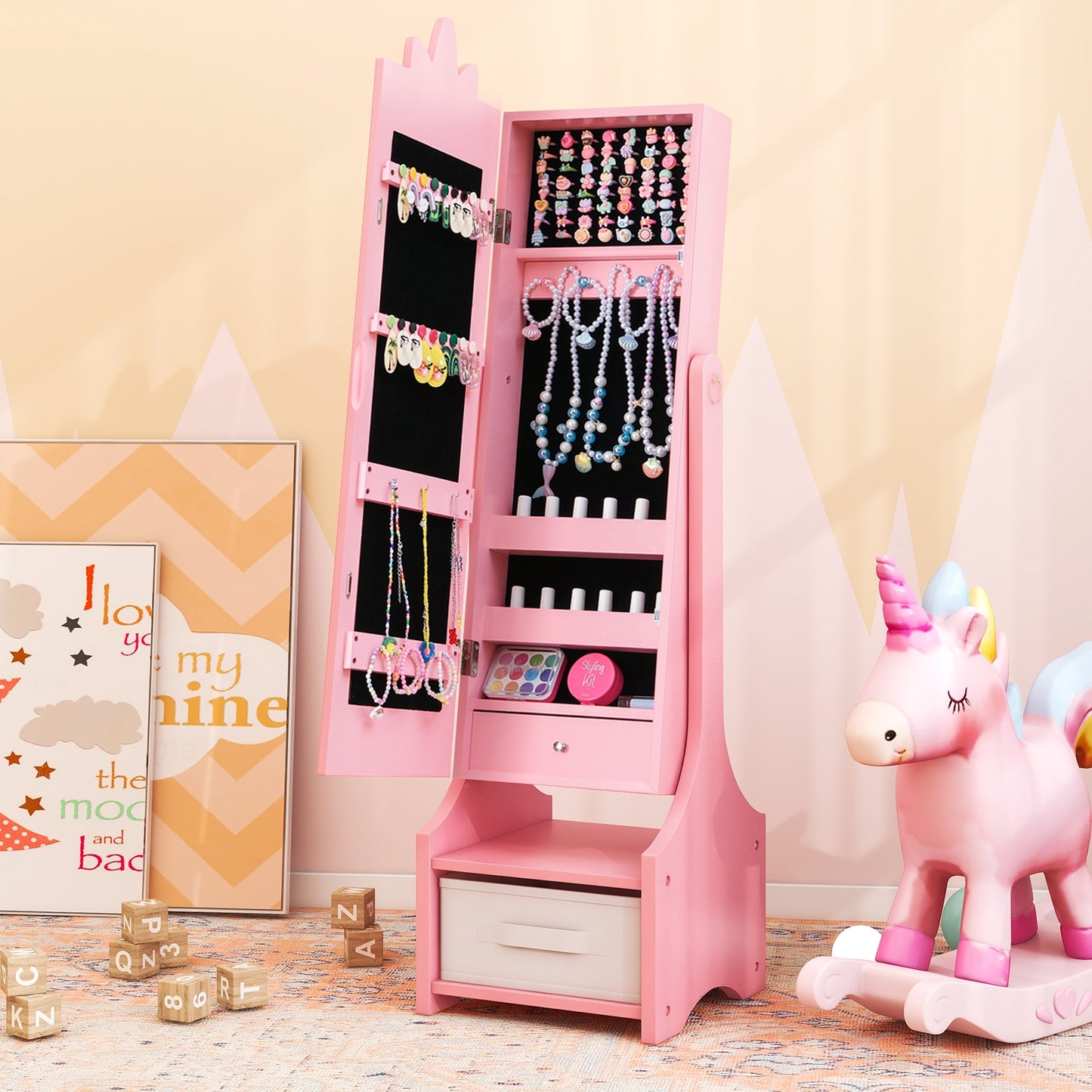 Kids Jewelry Cabinet With Full-Length Mirror, Pink Kids Vanities at Gallery Canada