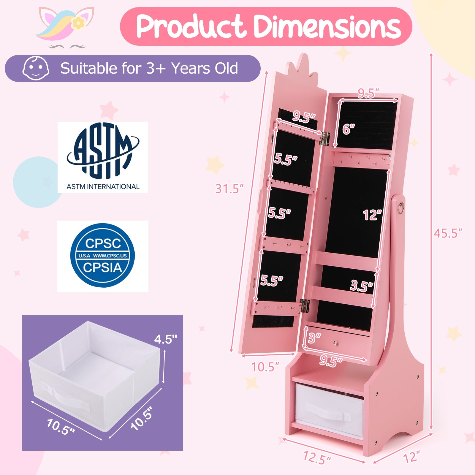 Kids Jewelry Cabinet With Full-Length Mirror, Pink Kids Vanities at Gallery Canada