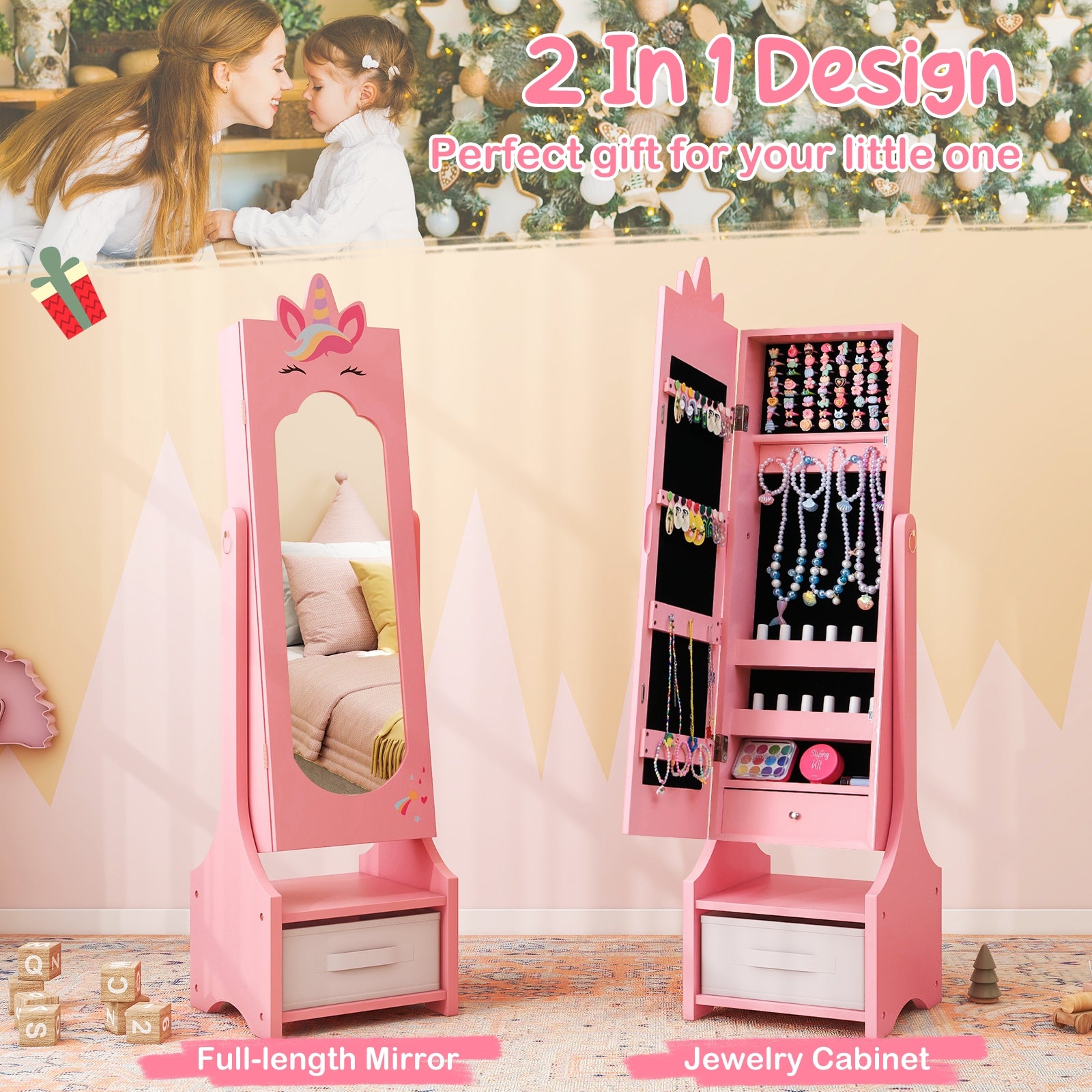 Kids Jewelry Cabinet With Full-Length Mirror, Pink Kids Vanities at Gallery Canada
