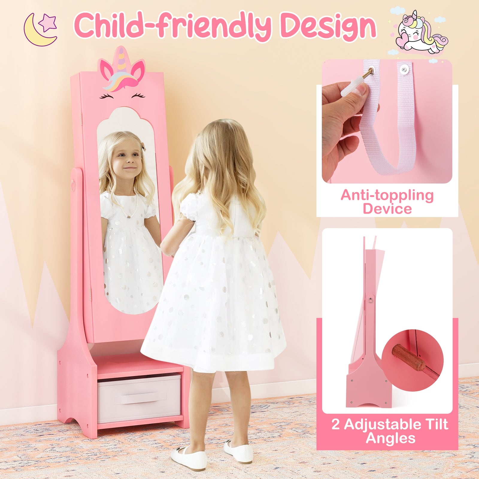 Kids Jewelry Cabinet With Full-Length Mirror, Pink Kids Vanities at Gallery Canada
