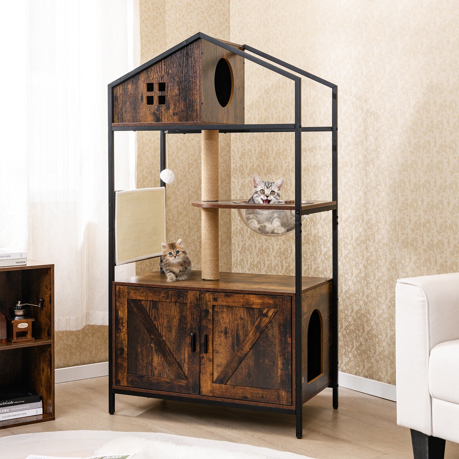 Cat Tree With Litter Box Enclosure, Multi-Level Cat Condo, Rustic Brown Cat Trees Condos & Scratchers at Gallery Canada