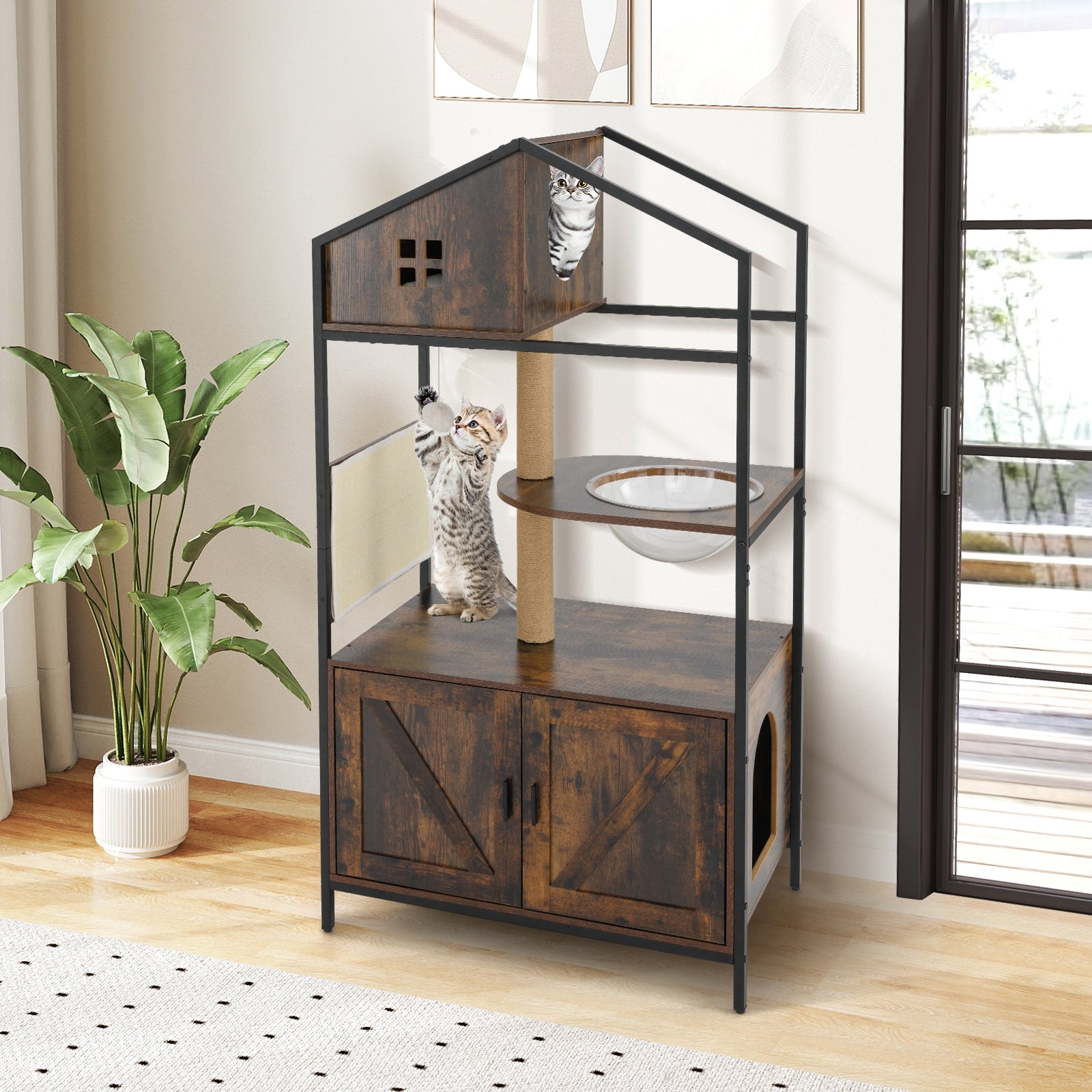 Cat Tree With Litter Box Enclosure, Multi-Level Cat Condo, Rustic Brown Cat Trees Condos & Scratchers at Gallery Canada