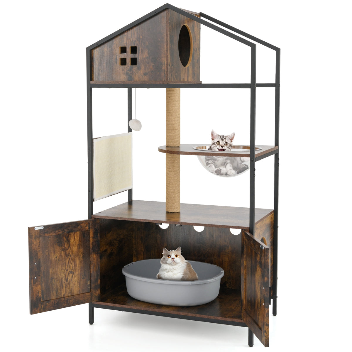 Cat Tree With Litter Box Enclosure, Multi-Level Cat Condo, Rustic Brown Cat Trees Condos & Scratchers at Gallery Canada
