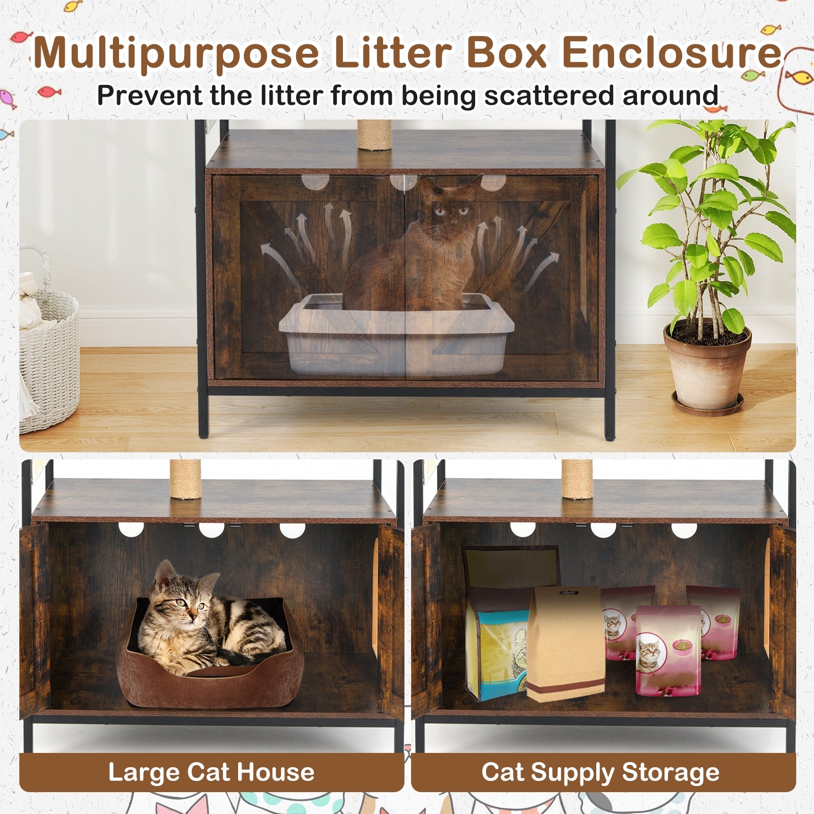 Cat Tree With Litter Box Enclosure, Multi-Level Cat Condo, Rustic Brown Cat Trees Condos & Scratchers at Gallery Canada