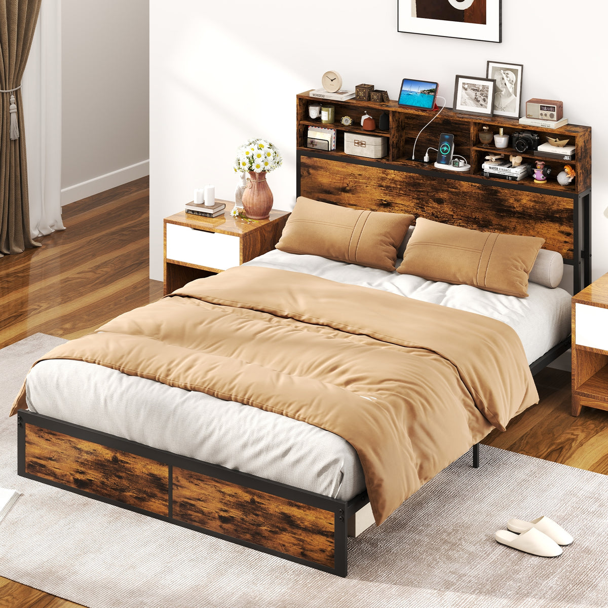 Queen Size Bed Frame With Storage Headboard, Rustic Brown Simple Bed Frame at Gallery Canada