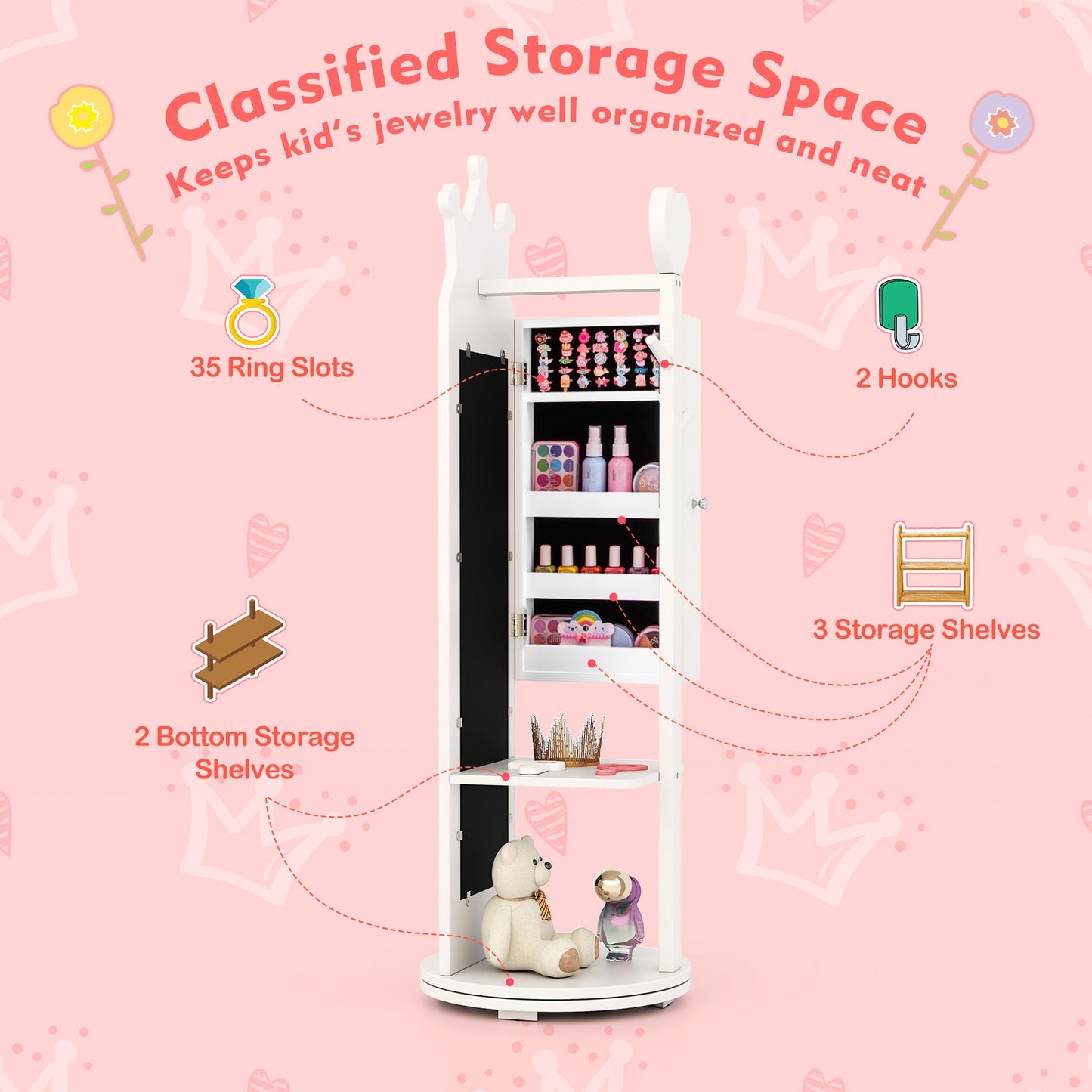 Free-Standing Full Length Mirror Jewelry Armoire Cabinet, White Kids Vanities at Gallery Canada