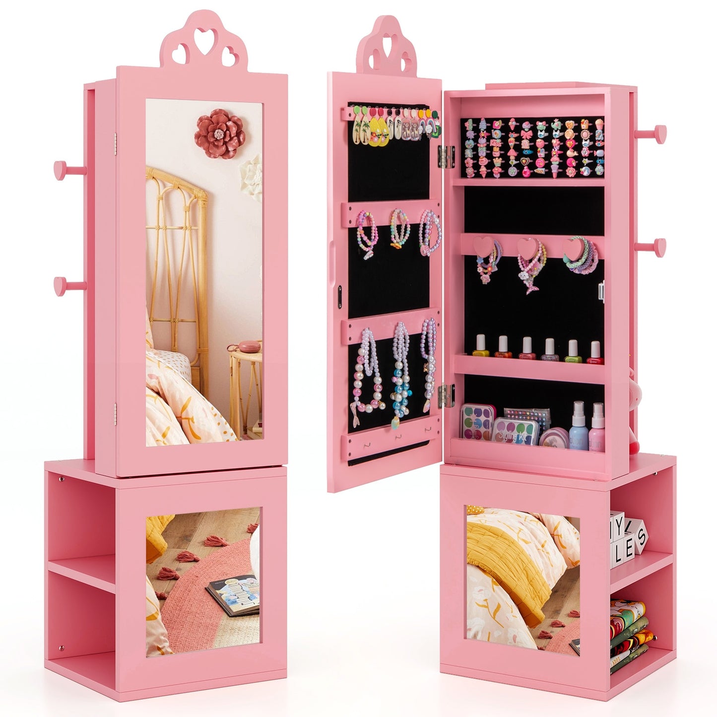 3-In-1 Kids Jewelry Cabinet With Full Length Mirror, Pink Kids Vanities Pink at Gallery Canada