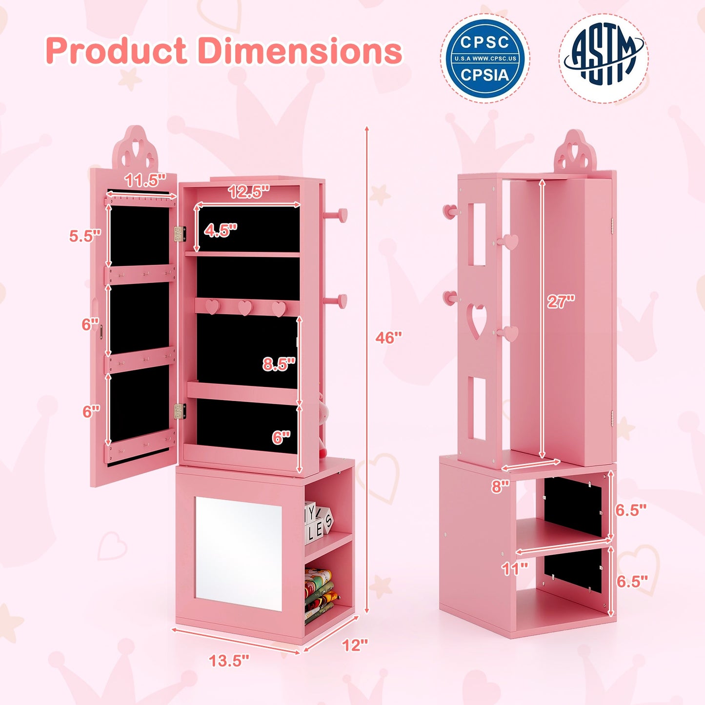 3-In-1 Kids Jewelry Cabinet With Full Length Mirror, Pink Kids Vanities at Gallery Canada