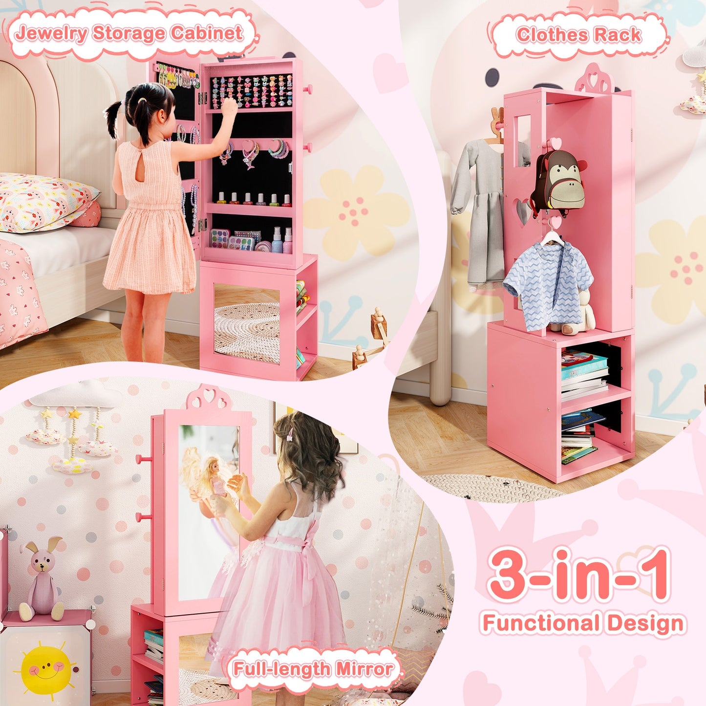 3-In-1 Kids Jewelry Cabinet With Full Length Mirror, Pink Kids Vanities at Gallery Canada