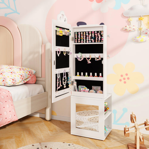 3-in-1 Freestanding Kids Jewelry Cabinet Armoire With Full Length Mirror, White