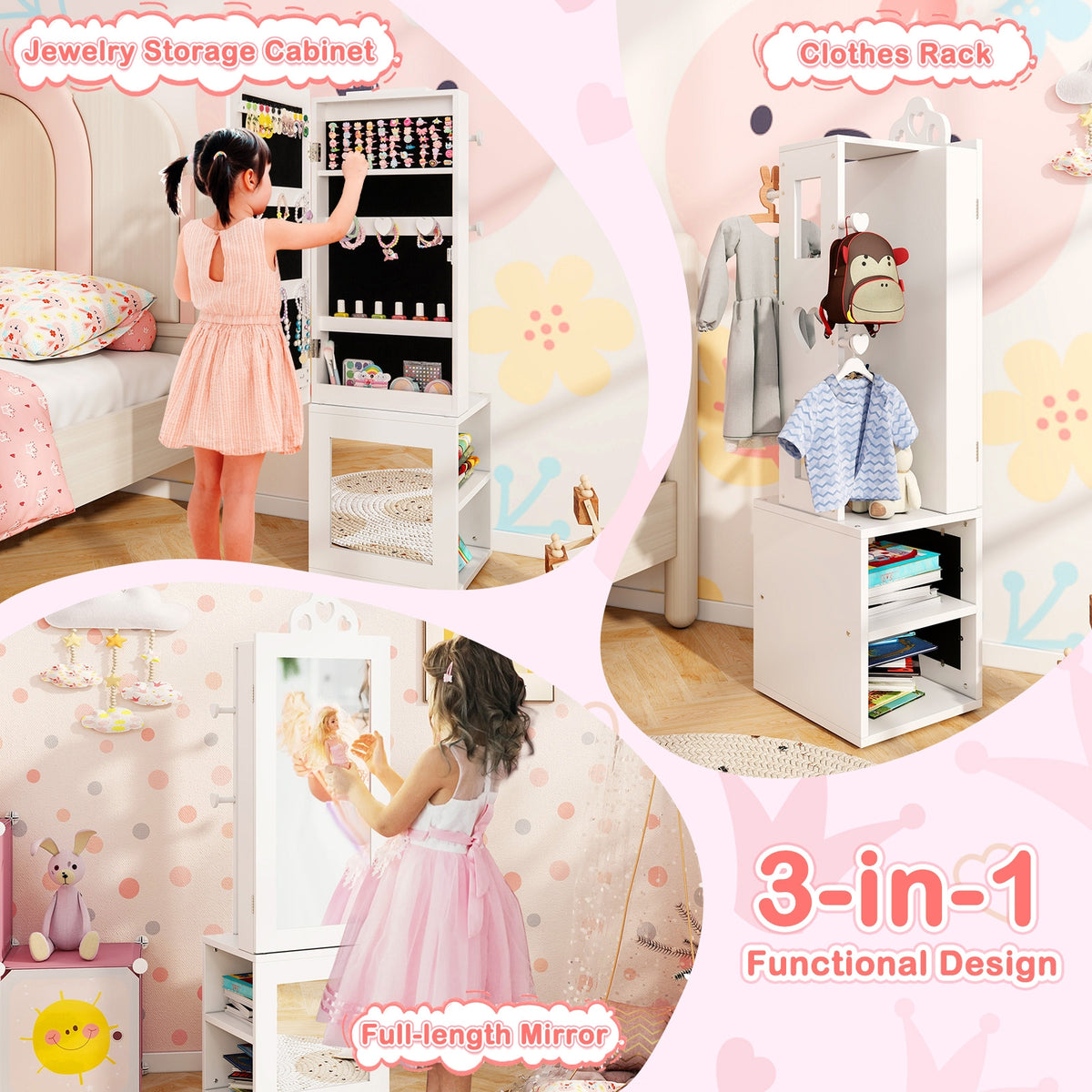 3-in-1 Freestanding Kids Jewelry Cabinet Armoire With Full Length Mirror, White Kids Vanities at Gallery Canada