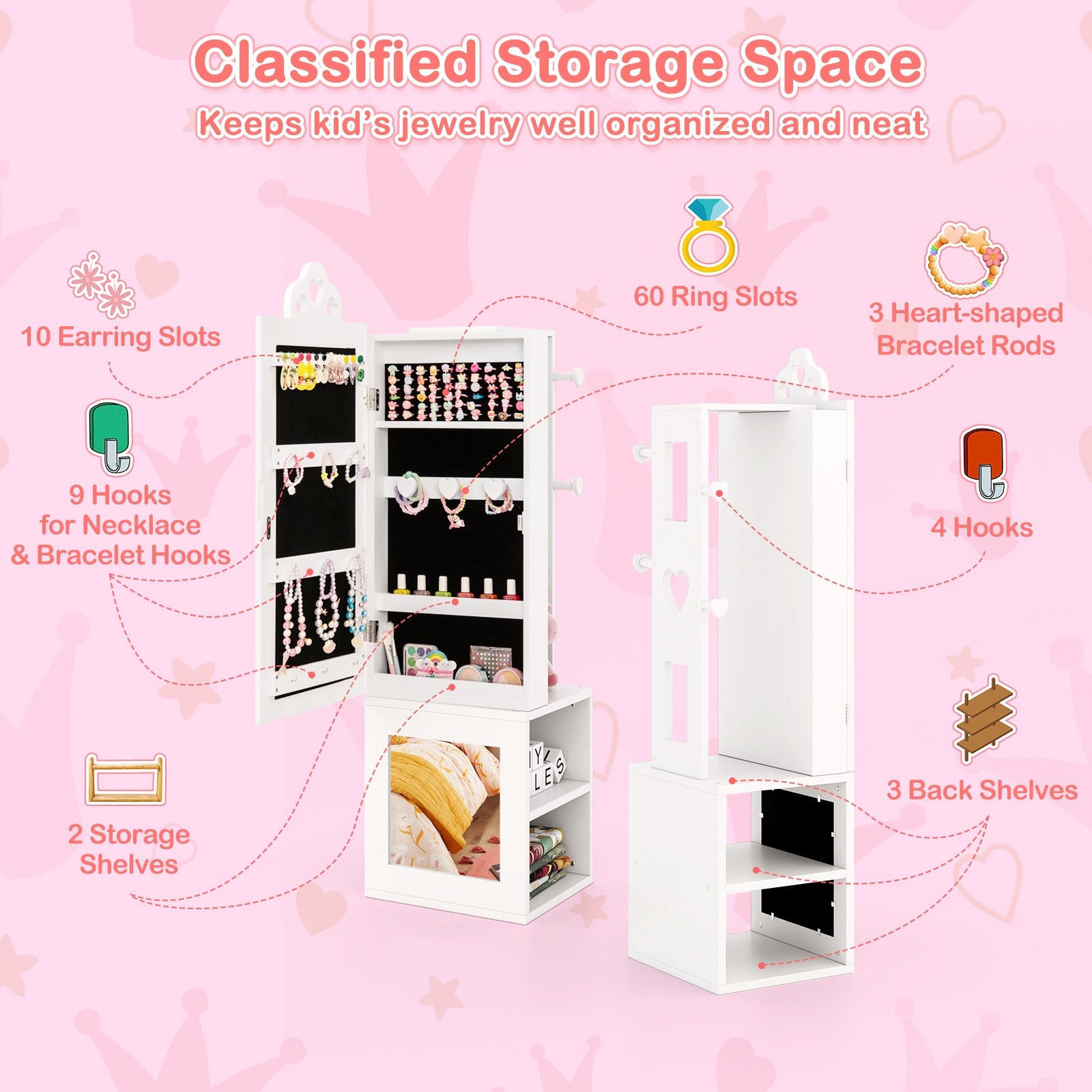 3-in-1 Freestanding Kids Jewelry Cabinet Armoire With Full Length Mirror, White Kids Vanities at Gallery Canada