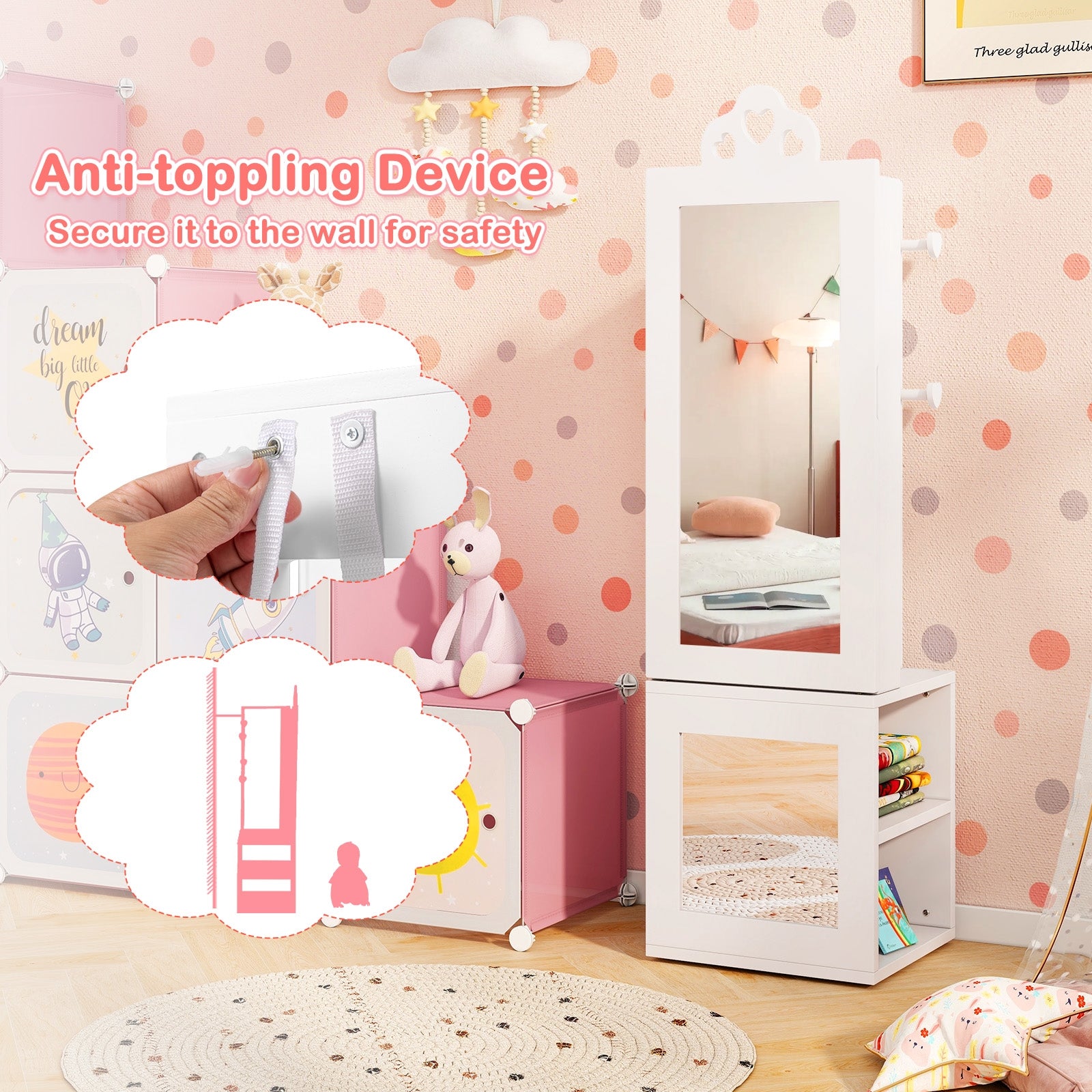 3-in-1 Freestanding Kids Jewelry Cabinet Armoire With Full Length Mirror, White Kids Vanities at Gallery Canada