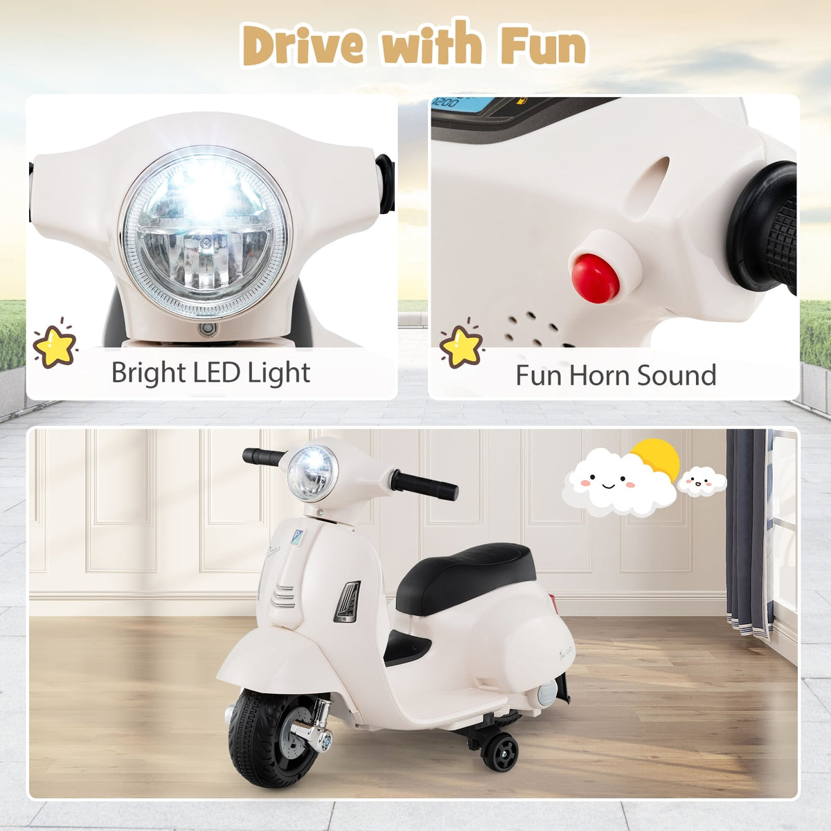 Kids Ride On Motorcycle With LED Headlight, Horn Sound, White Powered Ride On Toys at Gallery Canada