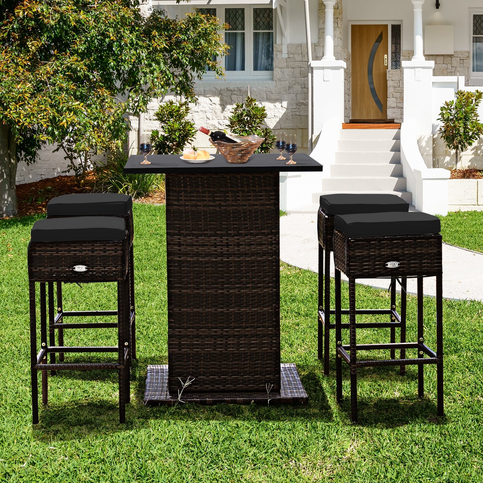 5-Piece Rattan Bar Set With Cushions, Hidden Storage Shelf, Black Patio Bar Furniture at Gallery Canada