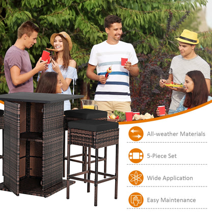 5-Piece Rattan Bar Set With Cushions, Hidden Storage Shelf, Black Patio Bar Furniture at Gallery Canada