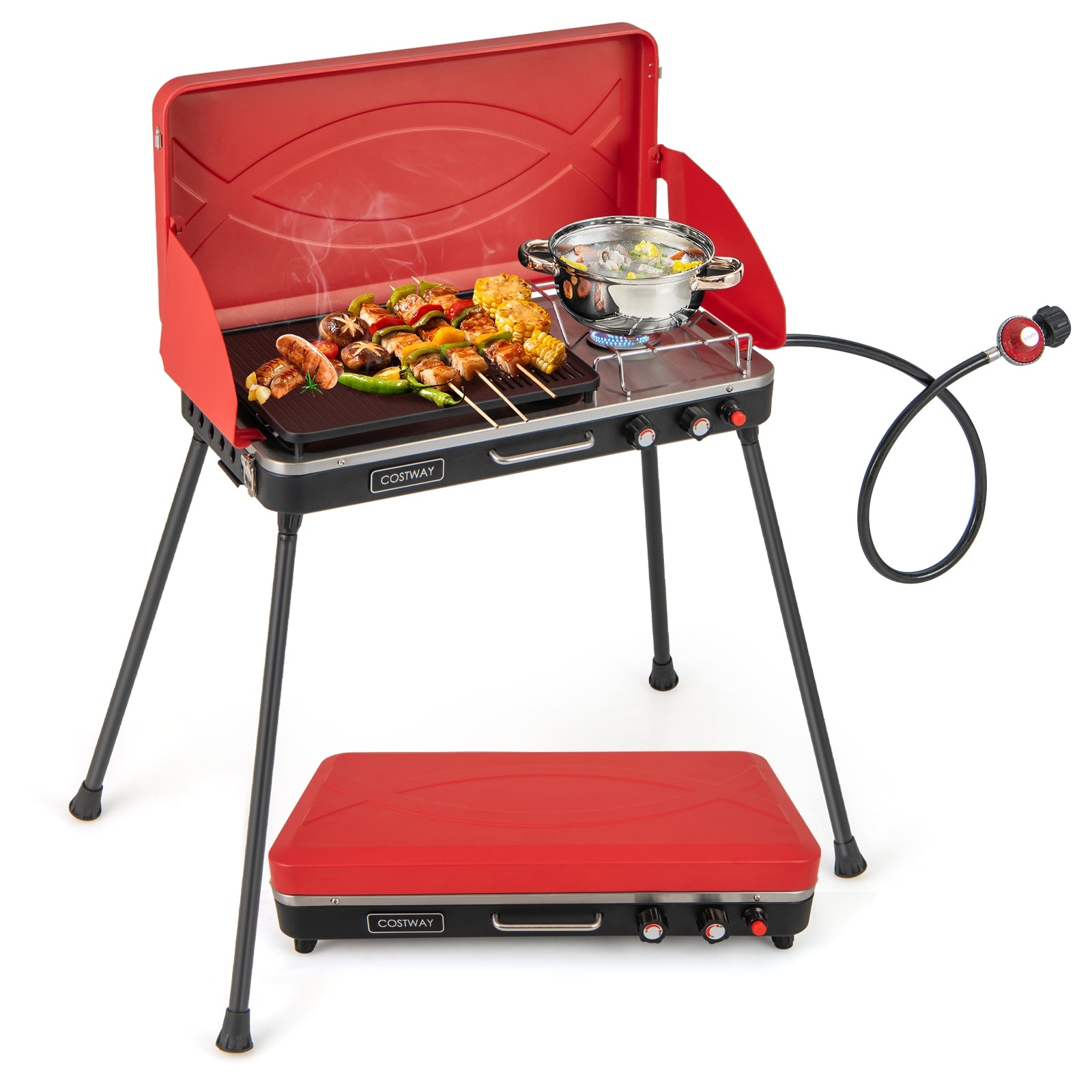 2-In-1 Gas Camping Grill And Stove, 4 Detachable Legs, Red Outdoor Grills at Gallery Canada