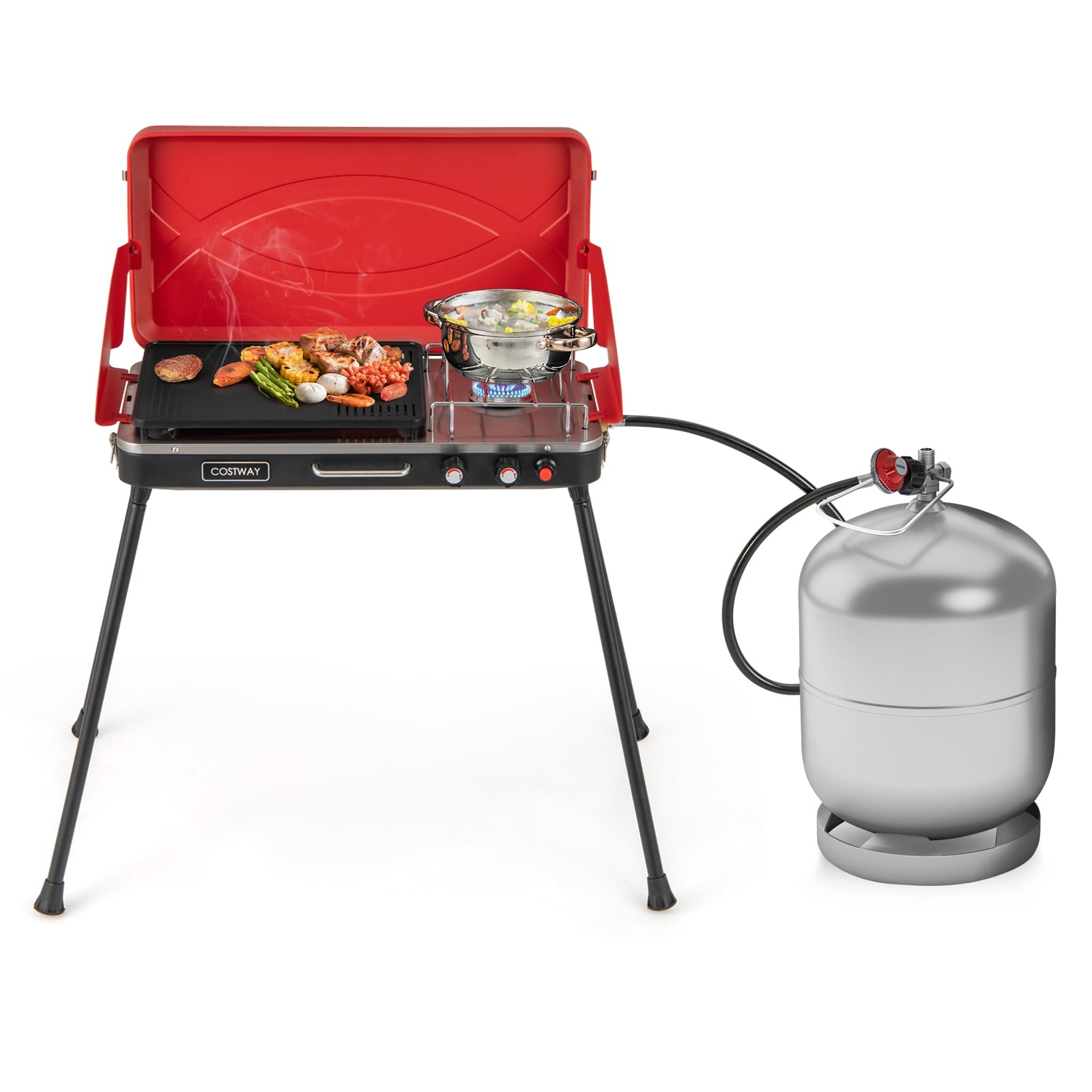 2-In-1 Gas Camping Grill And Stove, 4 Detachable Legs, Red Outdoor Grills at Gallery Canada