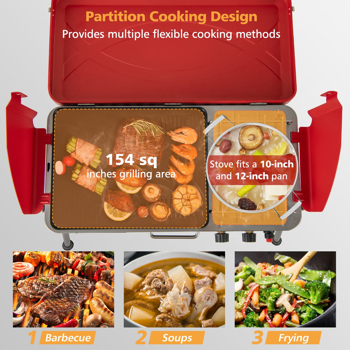2-In-1 Gas Camping Grill And Stove, 4 Detachable Legs, Red Outdoor Grills at Gallery Canada