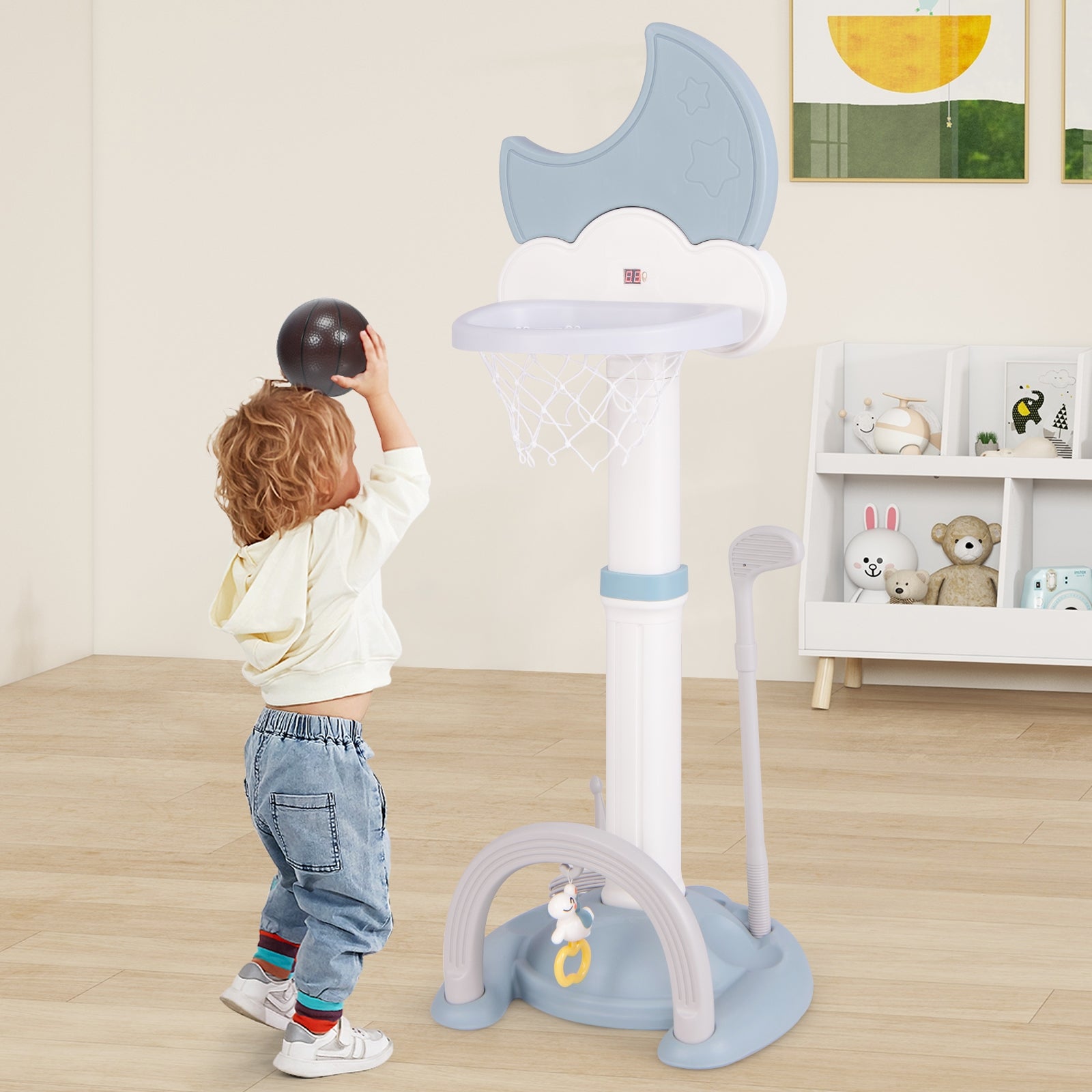 4-In-1 Kids Basketball Hoop, Moon-Shaped Electronic Scoreboard Play Set, Blue Baby Gyms & Playmats at Gallery Canada