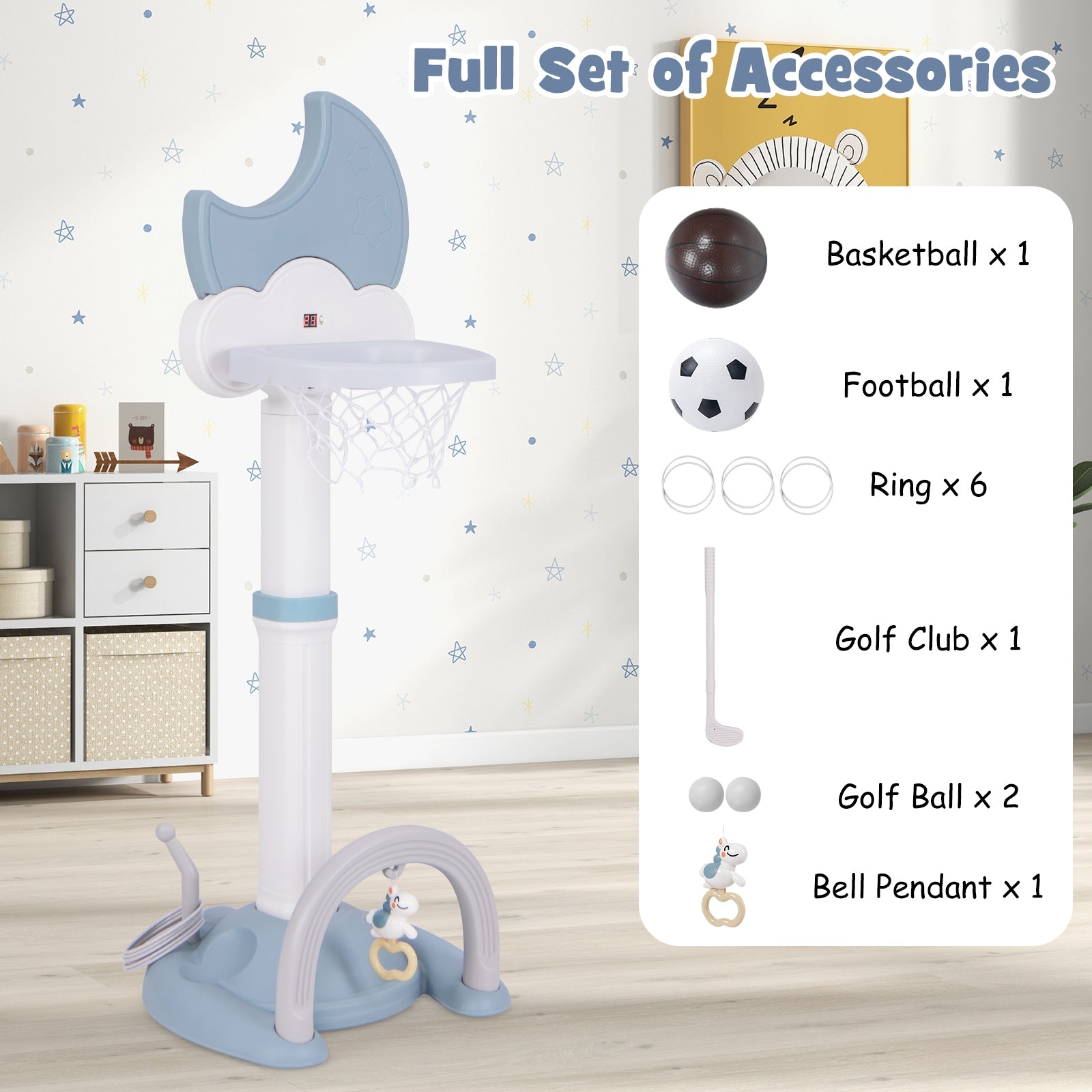 4-In-1 Kids Basketball Hoop, Moon-Shaped Electronic Scoreboard Play Set, Blue Baby Gyms & Playmats at Gallery Canada