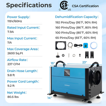 192 Pint Crawl Space Dehumidifier, 3 Modes, 24H Timer, Blue Dehumidifiers at Gallery Canada