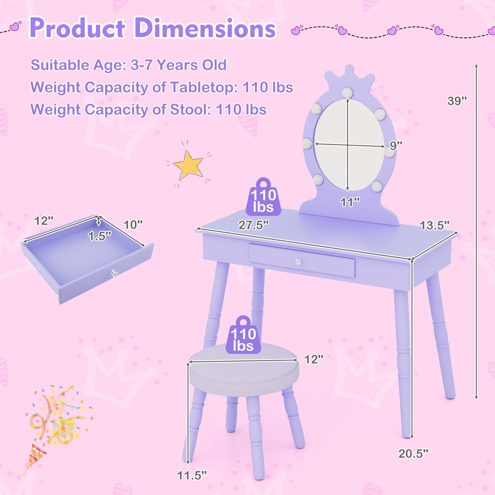 Kids Vanity Set With Lighted Mirror, Adjustable Brightness, Large Drawer, Purple Kids Vanities at Gallery Canada
