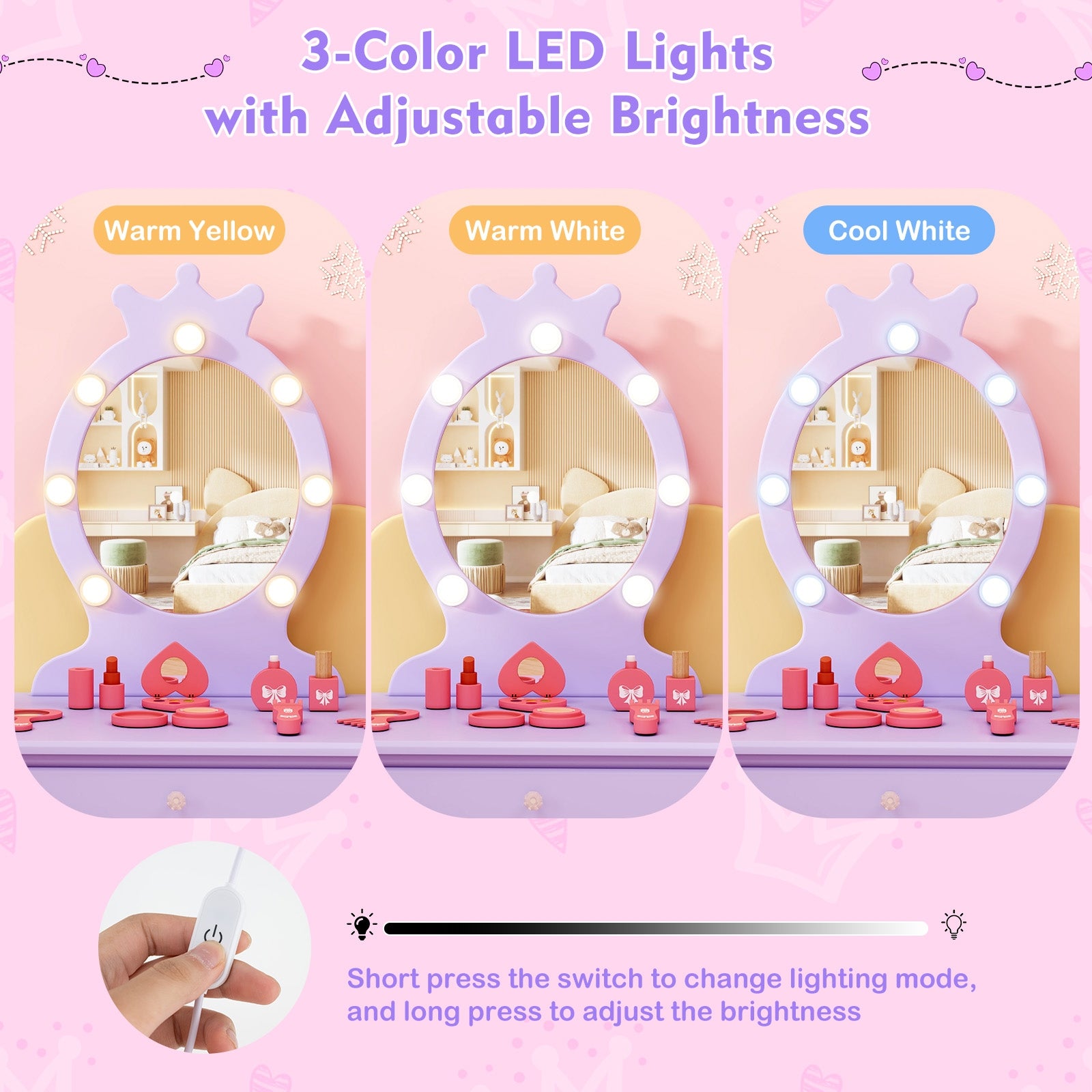 Kids Vanity Set With Lighted Mirror, Adjustable Brightness, Large Drawer, Purple Kids Vanities at Gallery Canada