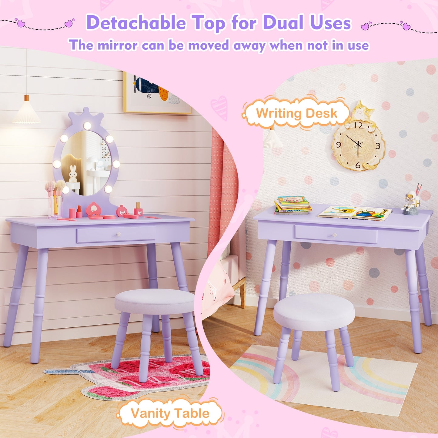 Kids Vanity Set With Lighted Mirror, Adjustable Brightness, Large Drawer, Purple Kids Vanities at Gallery Canada