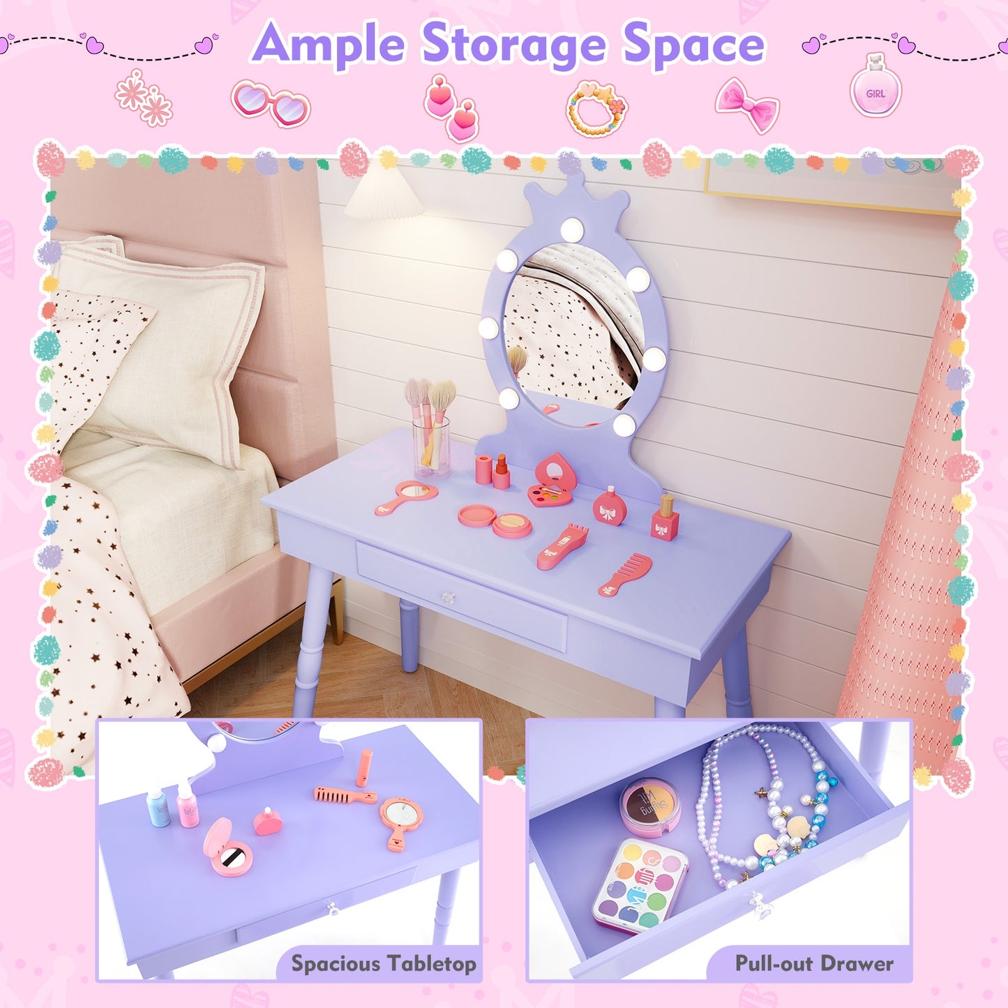 Kids Vanity Set With Lighted Mirror, Adjustable Brightness, Large Drawer, Purple Kids Vanities at Gallery Canada