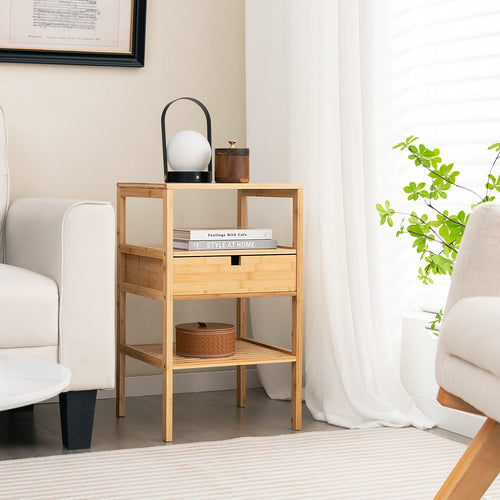 Bamboo Nightstand With Storage Drawer, Slatted Shelf, Natural