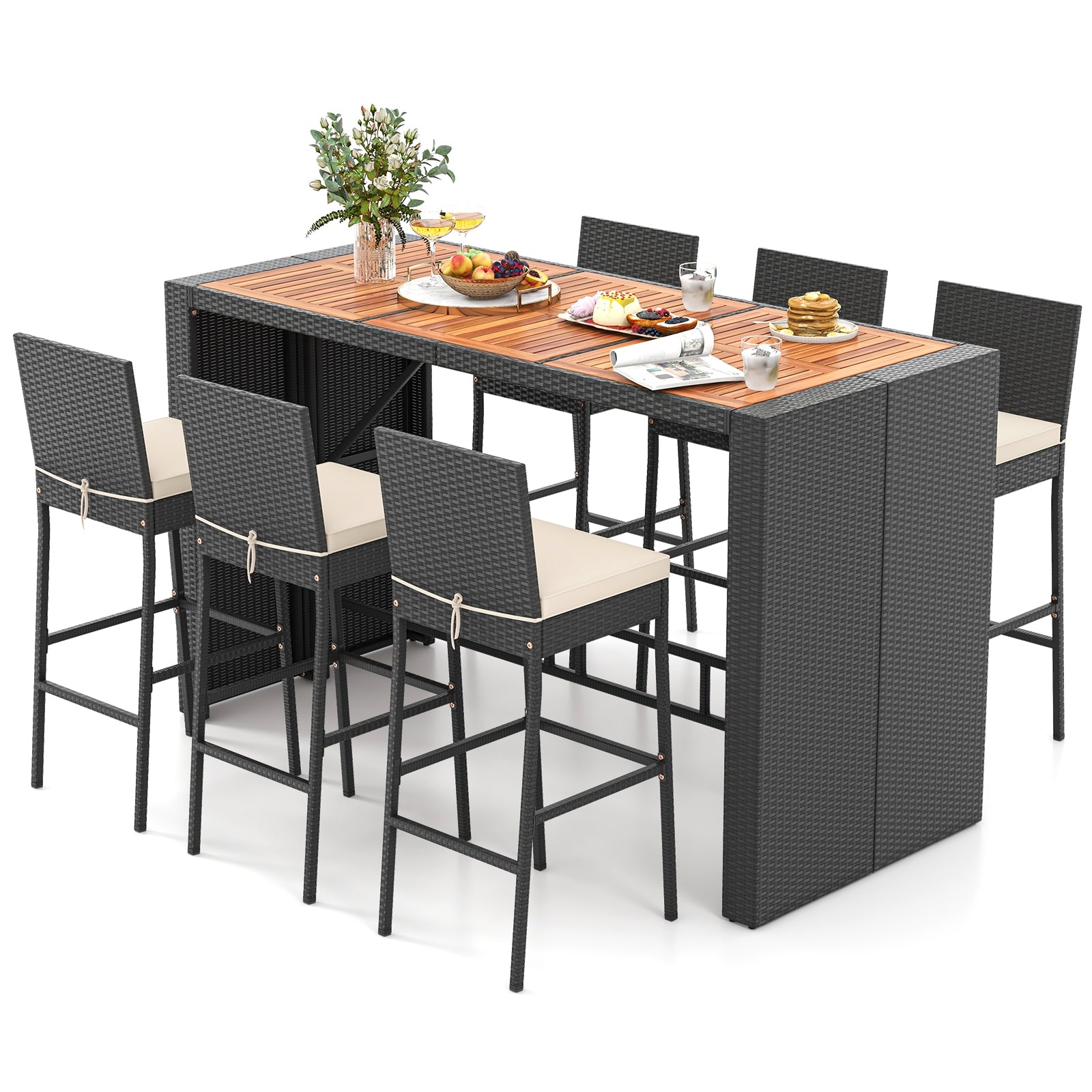 7 Piece Patio Rattan Bar Set, Seat Cushions, Porch Yard Garden Patio Bar Furniture at Gallery Canada