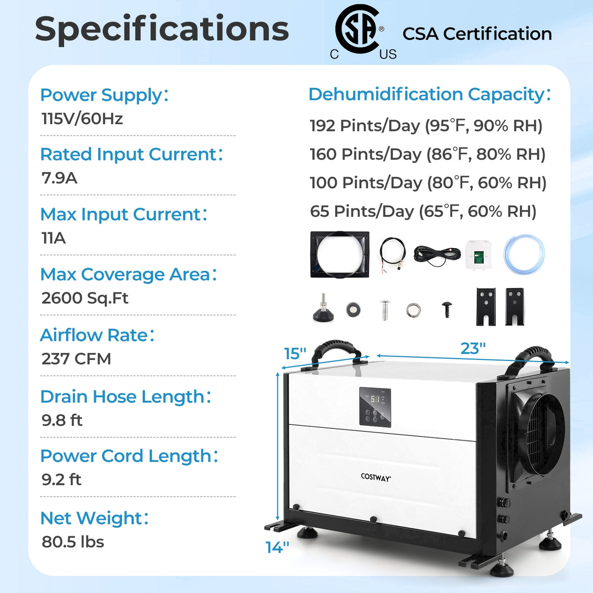 192 Pint Crawl Space Dehumidifier, 3 Modes, 24H Timer, White Dehumidifiers at Gallery Canada