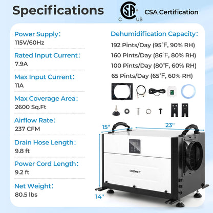 192 Pint Crawl Space Dehumidifier, 3 Modes, 24H Timer, White Dehumidifiers at Gallery Canada