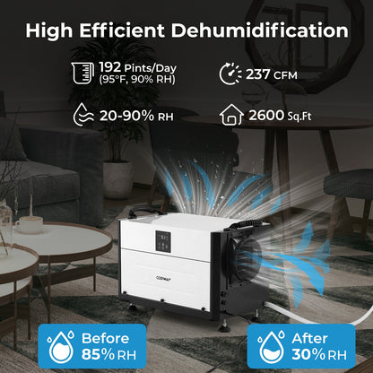 192 Pint Crawl Space Dehumidifier, 3 Modes, 24H Timer, White Dehumidifiers at Gallery Canada