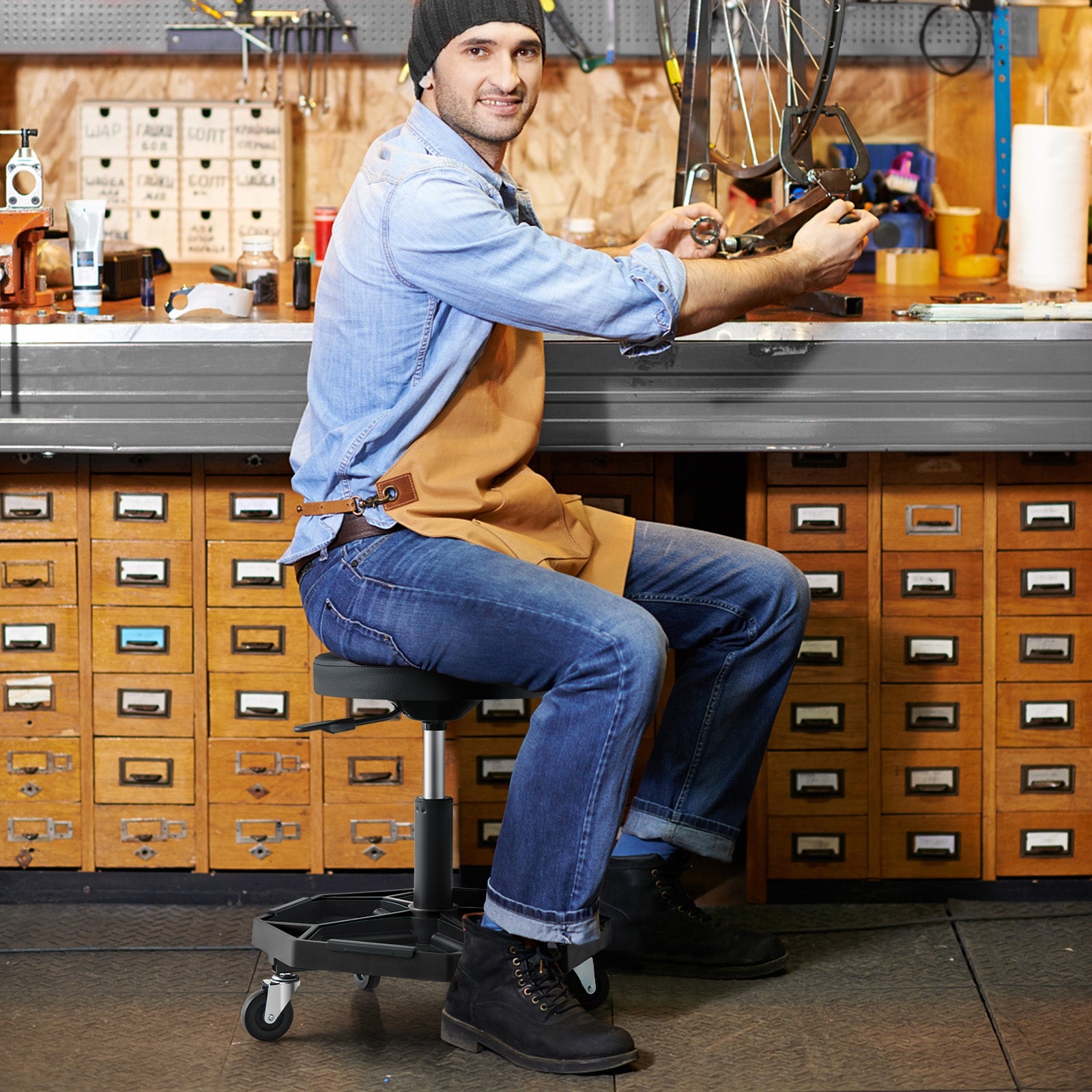 330 LBS Pneumatic Rolling Mechanic Stool, Padded Seat, Black Garages at Gallery Canada