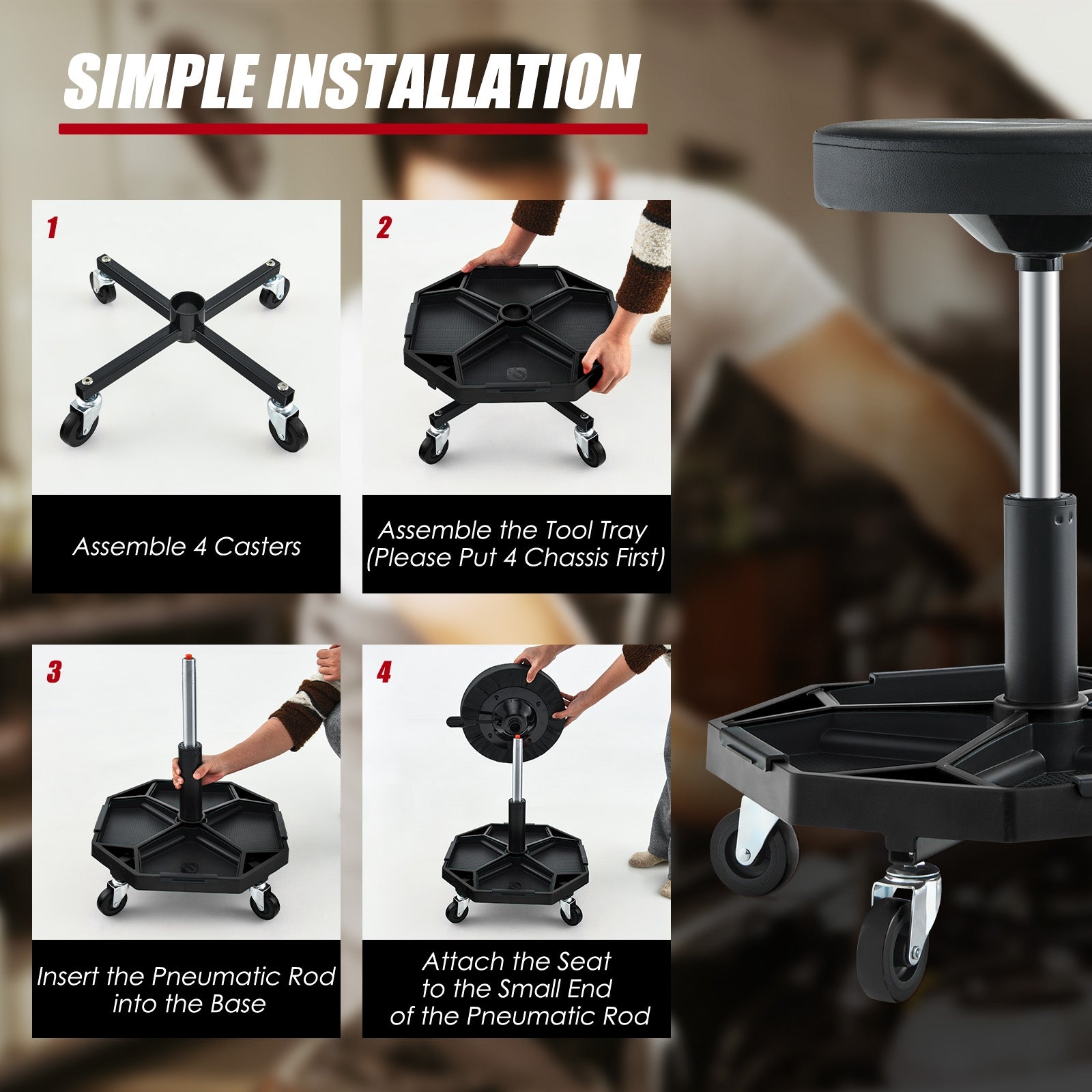 330 LBS Pneumatic Rolling Mechanic Stool, Padded Seat, Black Garages at Gallery Canada