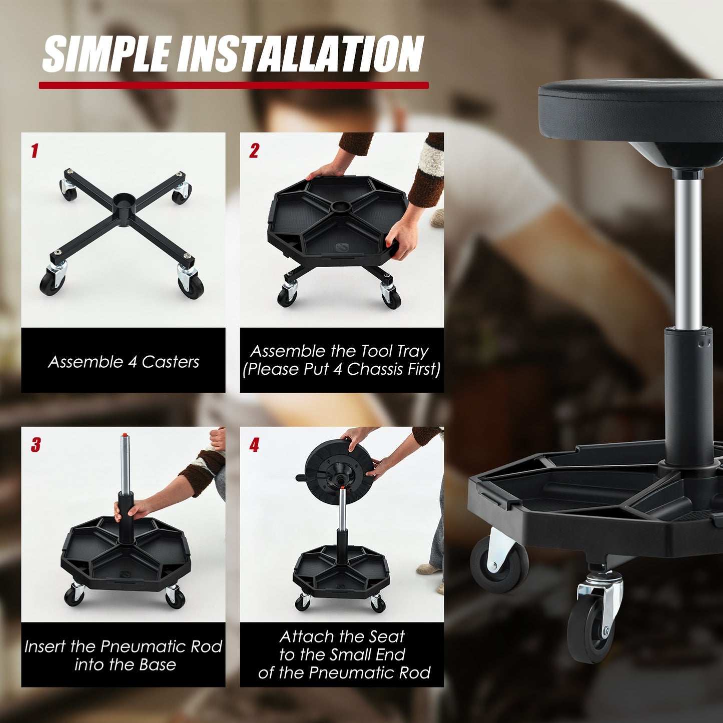 330 LBS Pneumatic Rolling Mechanic Stool, Padded Seat, Black Garages at Gallery Canada