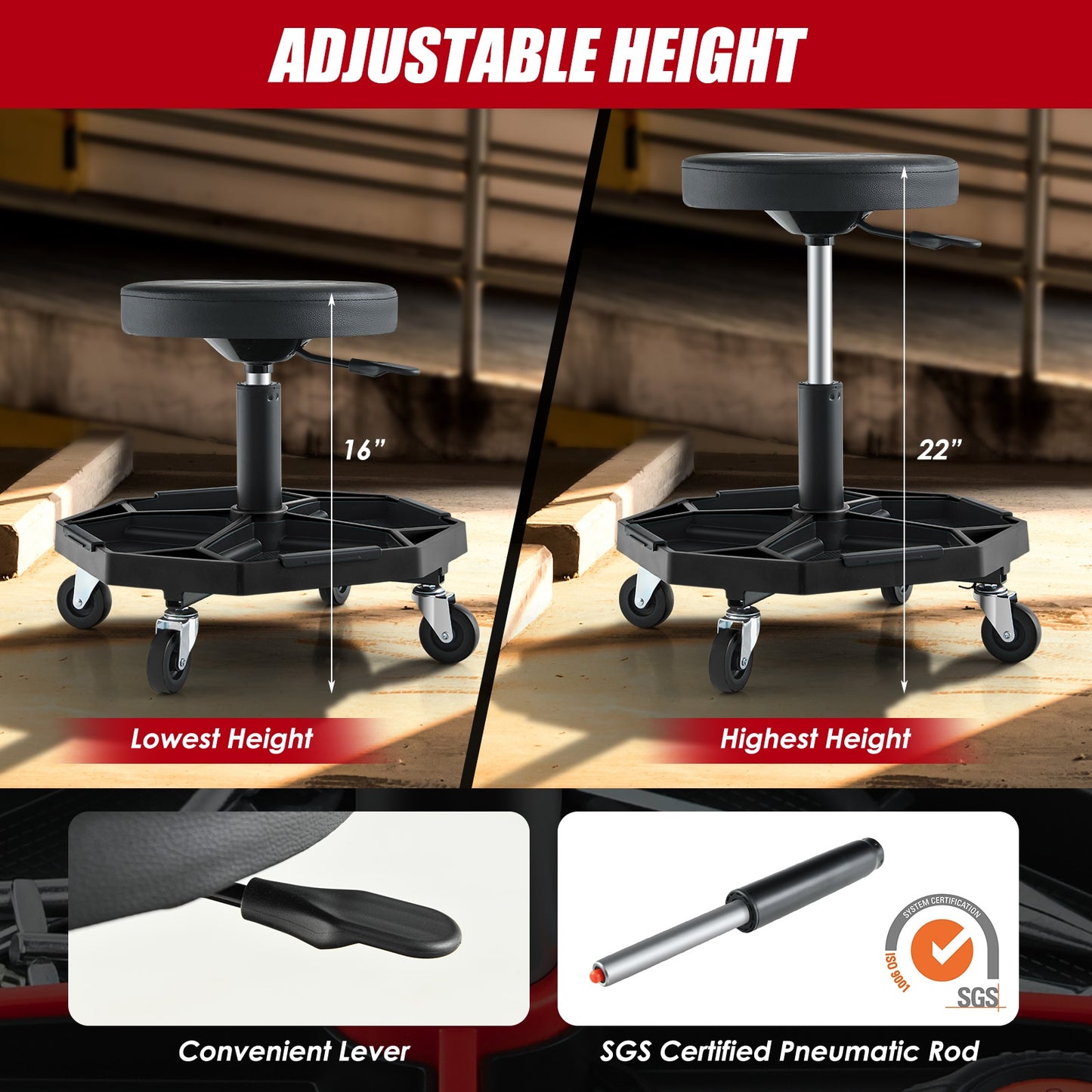 330 LBS Pneumatic Rolling Mechanic Stool, Padded Seat, Black Garages at Gallery Canada