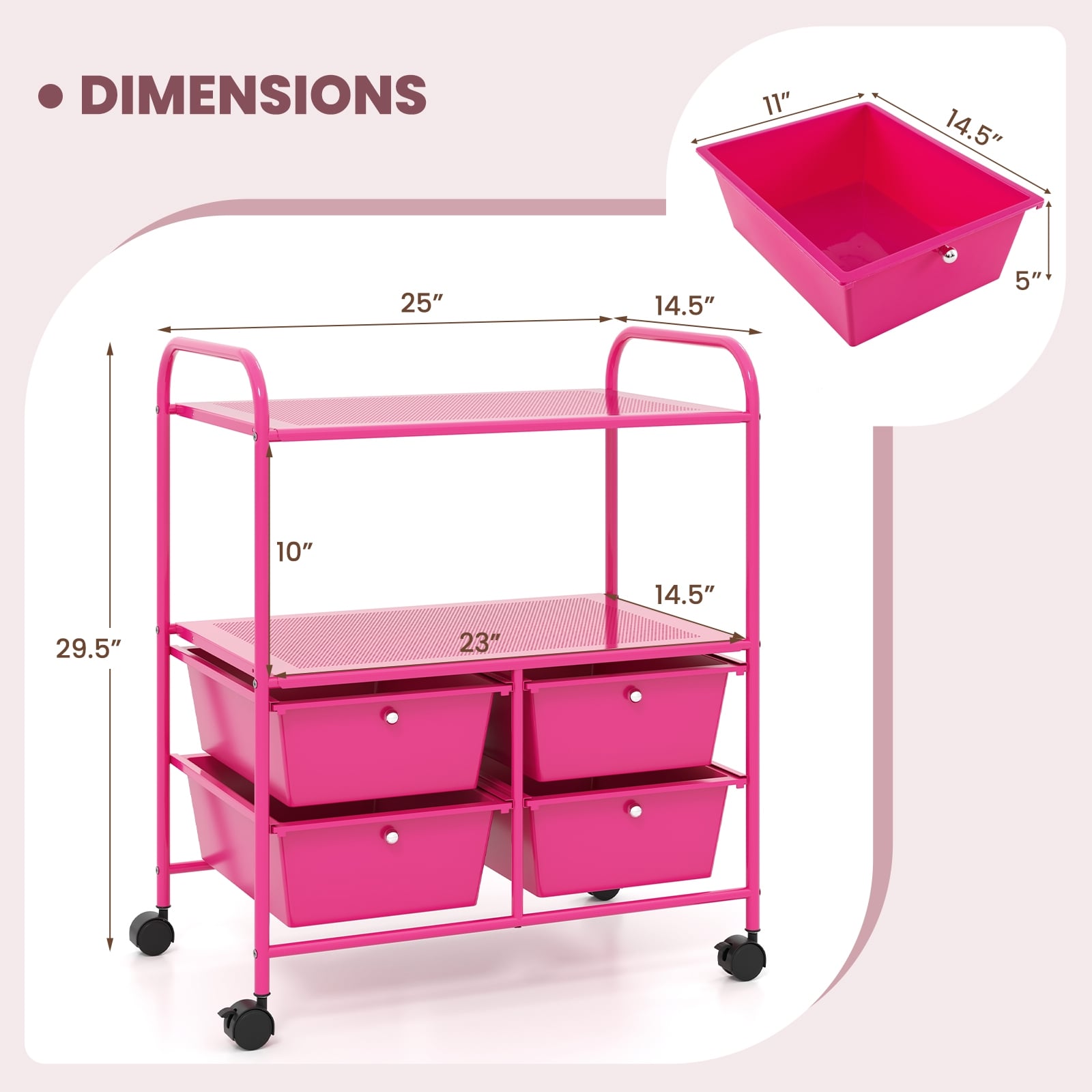 4 Drawer Rolling Storage Cart Rack, Pink File Cabinets at Gallery Canada