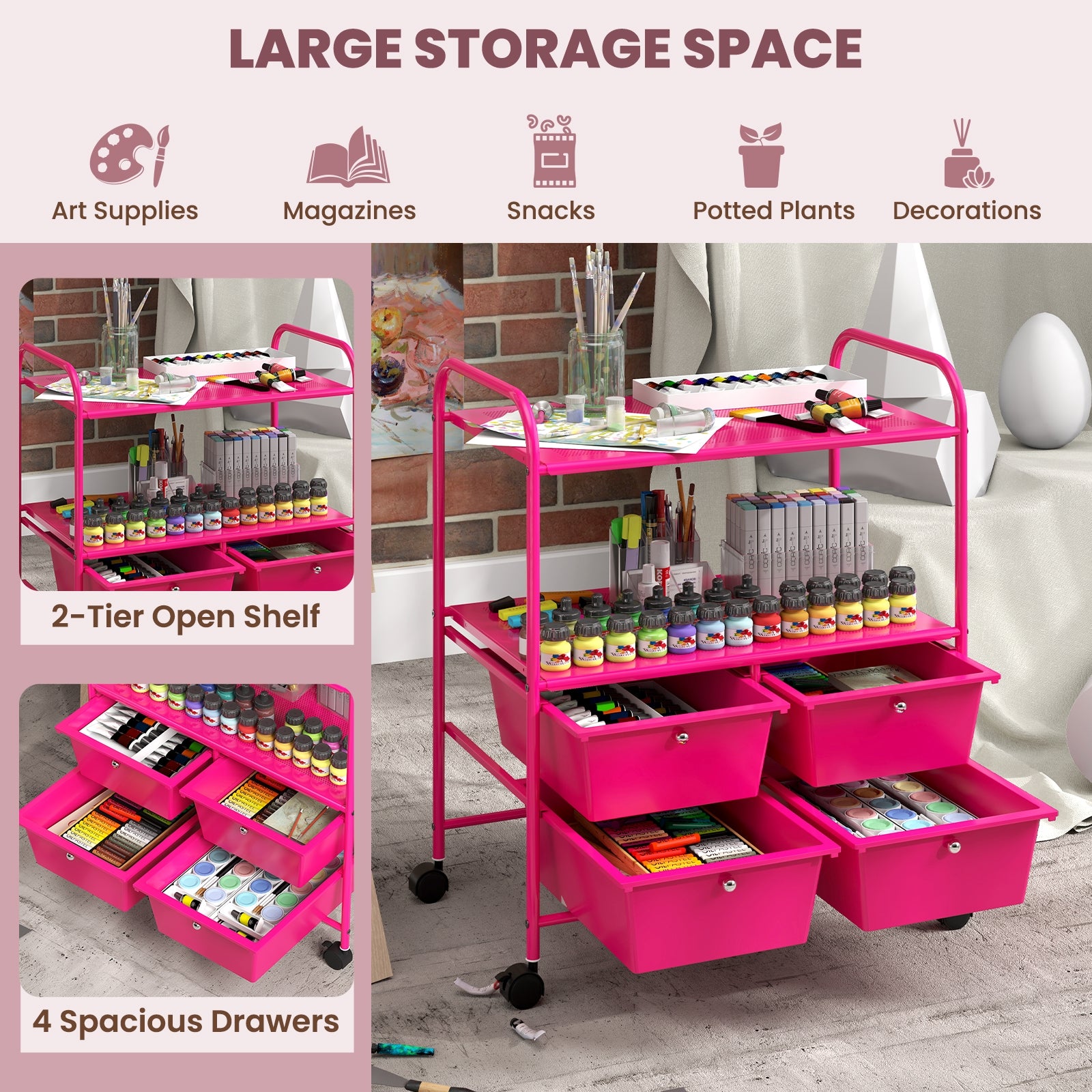 4 Drawer Rolling Storage Cart Rack, Pink File Cabinets at Gallery Canada